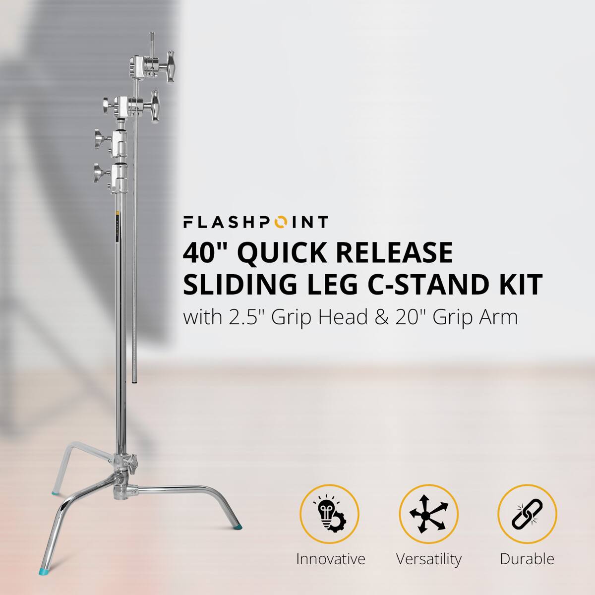 FLASHPOINT 40" QUICK RELEASE SLIDING LEG C-STAND KIT with 2.5" Grip Head & 20" Grip Arm

Innovative Versatility Durable