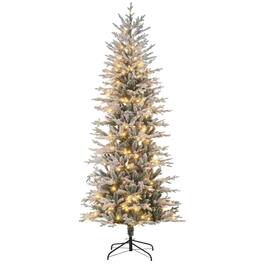 PULUZ - 7.5 feet Pre Lit Artificial Flocked Christmas Trees, with Snow Branches, Warm Yellow Clear Lights, Auto Open, Extra Bulb - Green