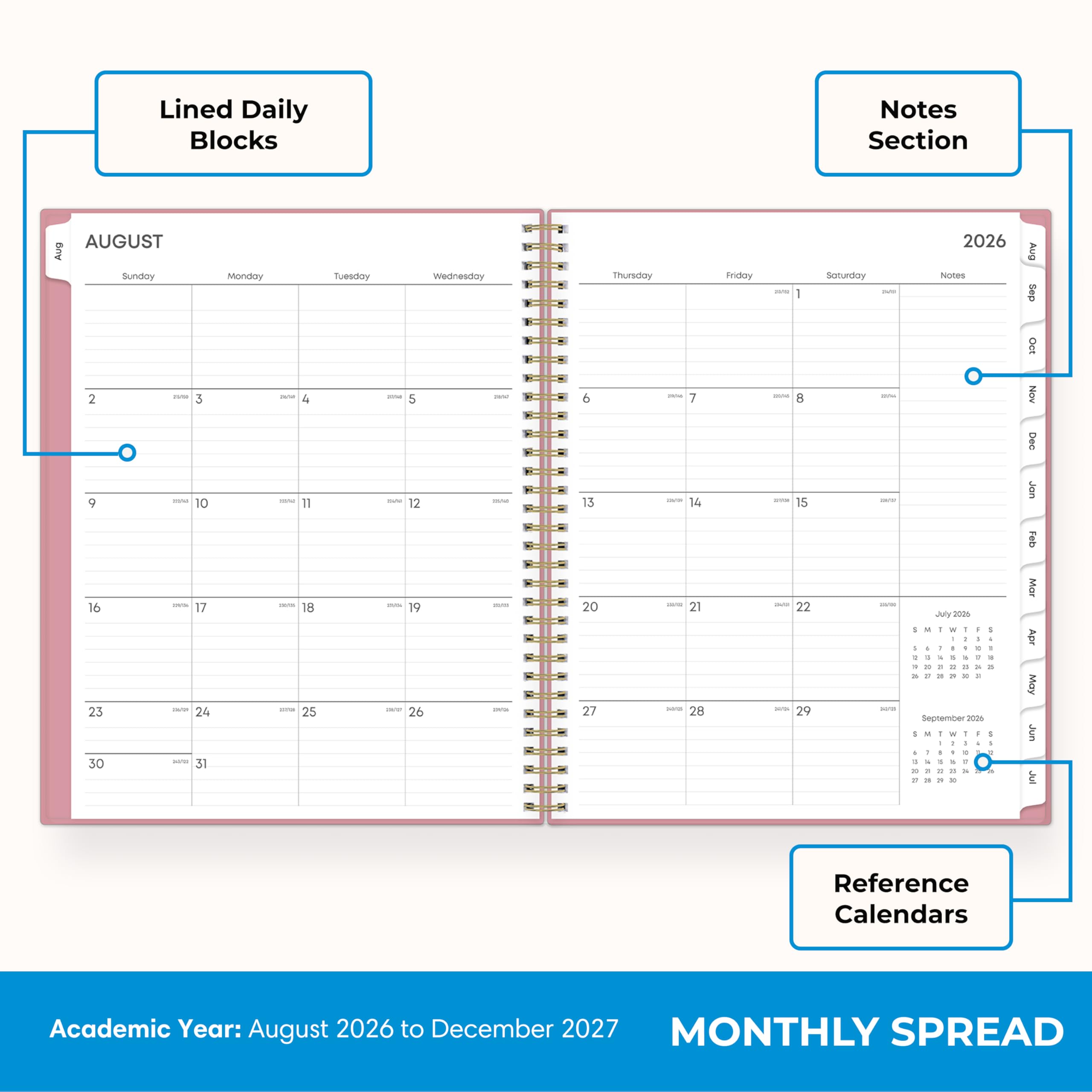 Lined Daily Blocks

Notes Section

AUGUST
Sunday 2 3 4 5 6 7 8 9 10 11 12 13 14 15 16 17 18 19 20 21 22 23 24 25 26 27 28 29 30 31

Monday 4 11 18 25

Tuesday 5 12 19 26

Wednesday 6 13 20 27

Thursday 7 14 21 28

Friday 8 15 22 29

Saturday 9 16 23 30

2026 Notes

July 2026

September 2006

Reference Calendars

Academic Year: August 2026 to December 2027

MONTHLY SPREAD