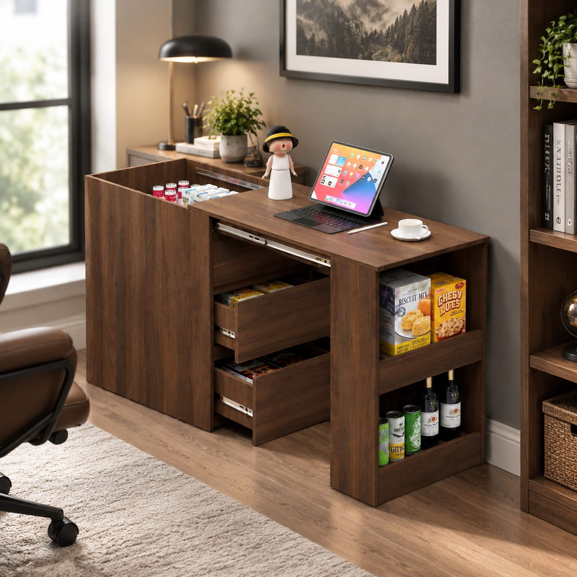 RYHNUYNE - Modern Corner Computer Desk with Drawers and Storage Shelves, 15mm Particle Board, Foldable Writing Table for Home - Walnut