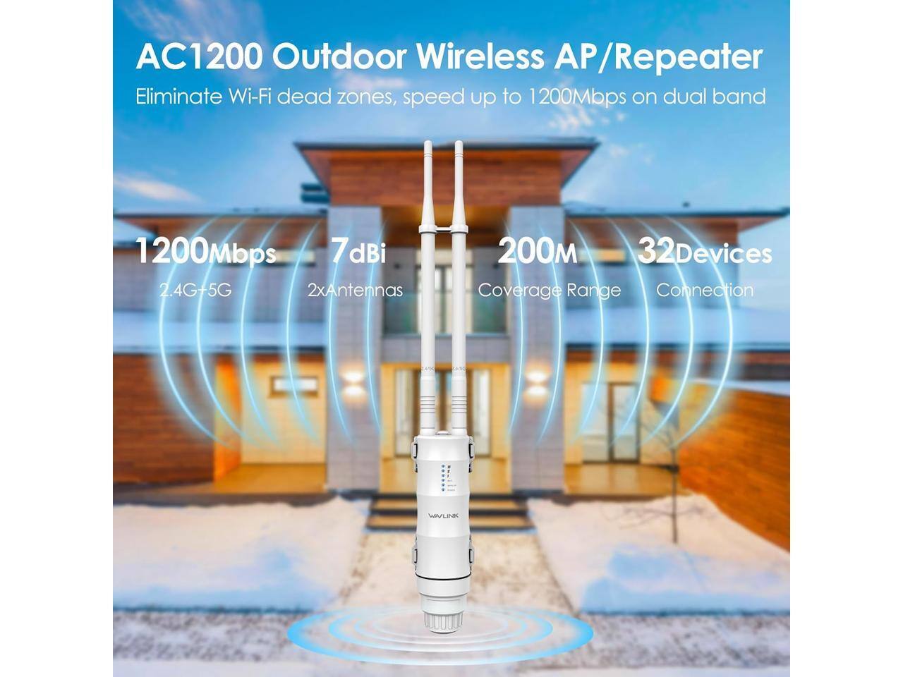 AC1200 Outdoor Wireless AP/Repeater  
Eliminate Wi-Fi dead zones, speed up to 1200Mbps on dual band

1200Mbps  
2.4G+5G  
7dBi  
2xAntennas  
200M  
Coverage Range  
32Devices  
Connection  

WAYLINK