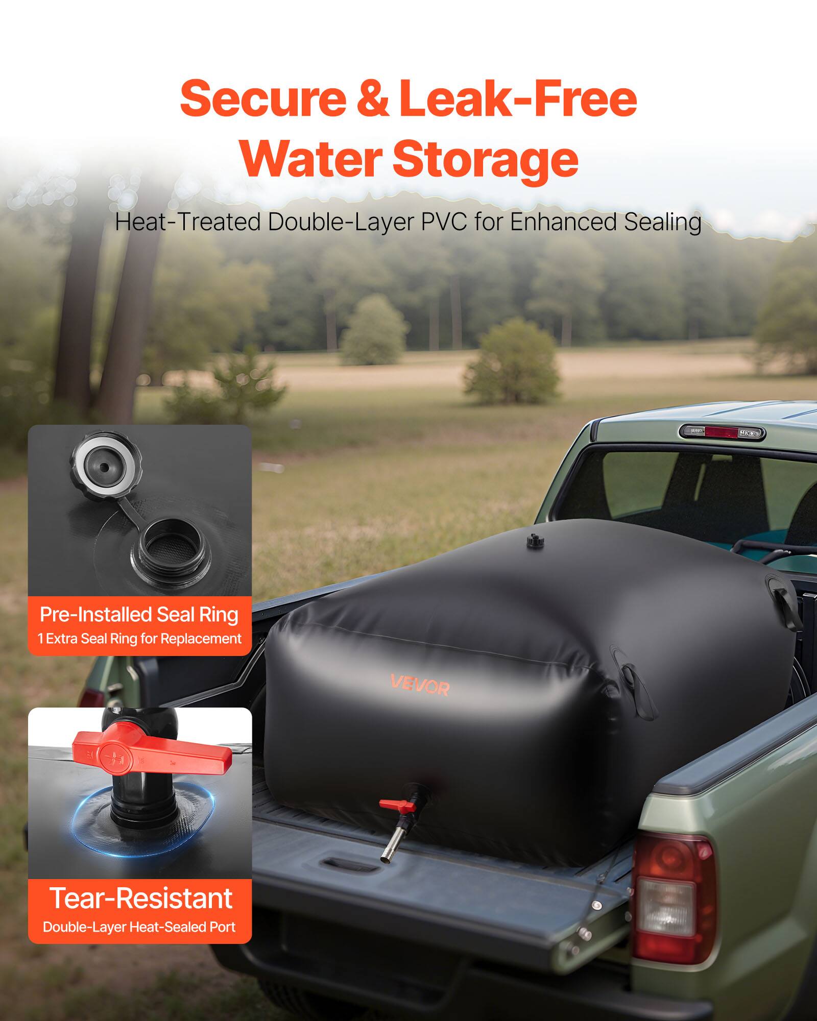 Secure & Leak-Free Water Storage  
Heat-Treated Double-Layer PVC for Enhanced Sealing  

Pre-Installed Seal Ring  
1 Extra Seal Ring for Replacement  

Tear-Resistant  
Double-Layer Heat-Sealed Port