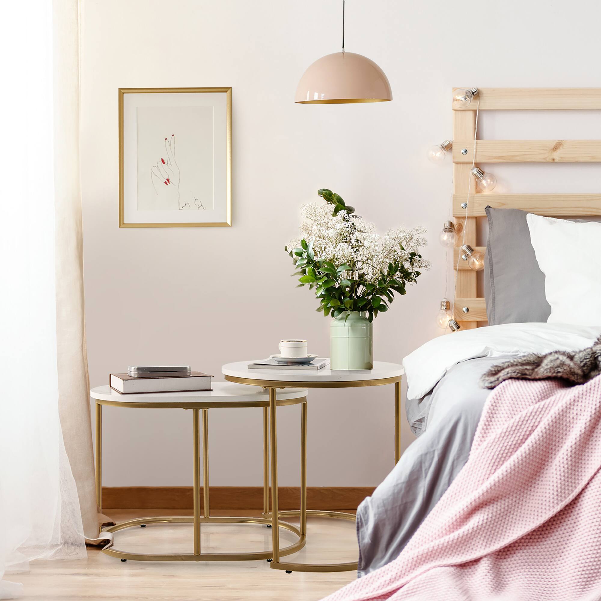 Alt View 3. Costway - Costway Nesting Coffee Table Modern Set of 2 Marble Coffee Side Table Set Living Room - Marble,Golden.