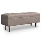 Front. Simpli Home - Shay 48 inch Wide Mid Century Modern Rectangle Storage Ottoman in Distressed Grey Taupe Vegan Faux Leather, Assembled - Distressed Grey Taupe.