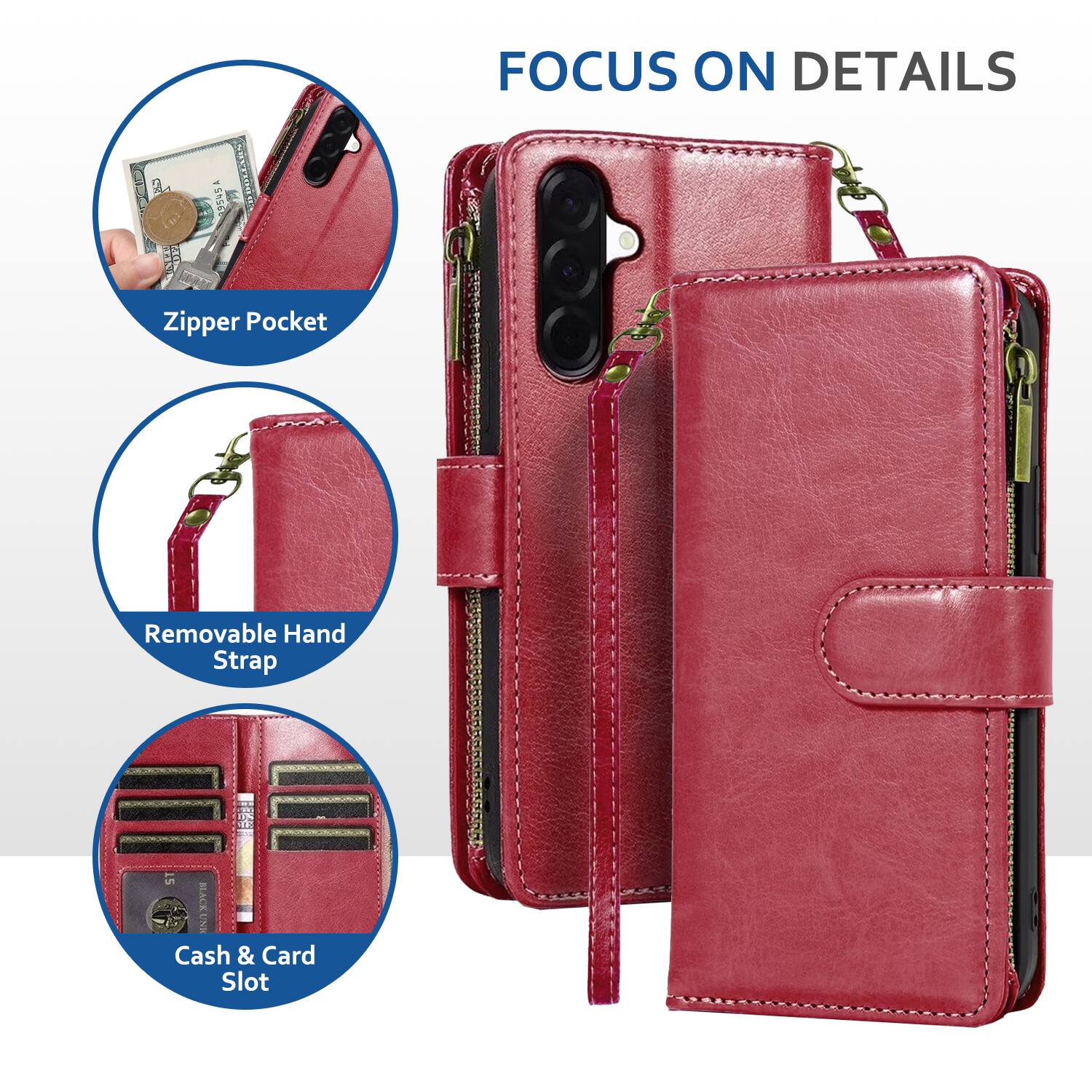 U a JRL 35454 - Focus on Details Zipper Pocket Removable Hand Strap Black Cash & Card Slot