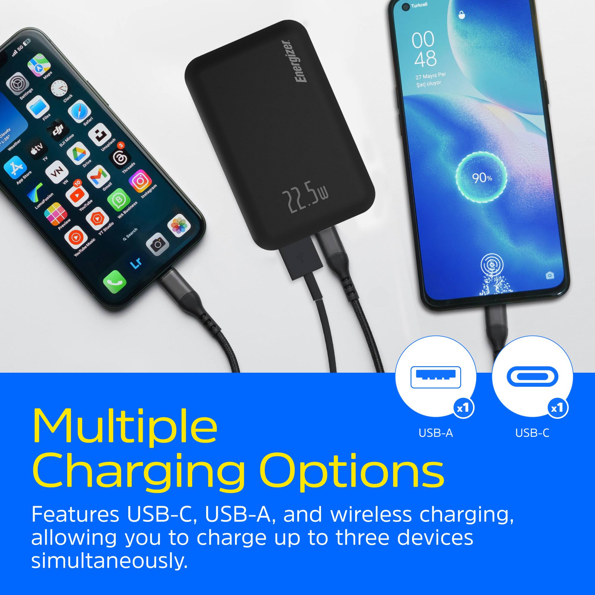 Multiple USB-A, USB-C, and wireless charging options allow you to charge up to three devices simultaneously. Features include USB-C, USB-A, and wireless charging, making it a versatile and convenient charging solution for various devices.