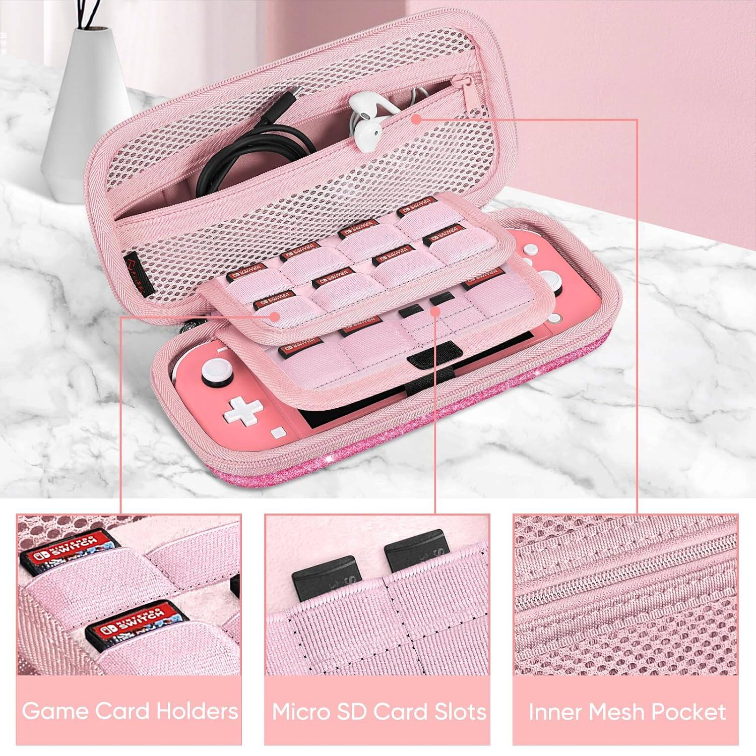 CO SANIA  
WWW.B 100% OO SALVAN  
SWITCH OR WHE  
PROTEIN +  
SWITCH  
Game Card Holders  
Micro SD Card Slots  
Inner Mesh Pocket