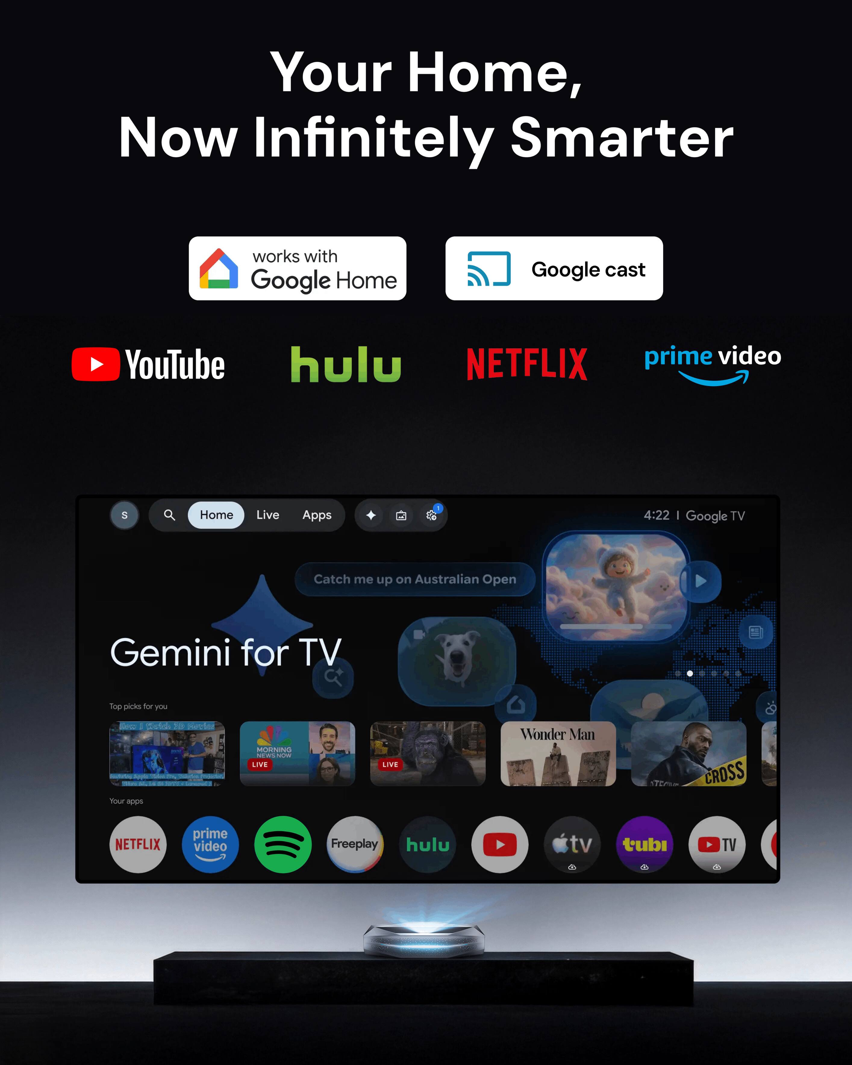 Your Home, Now Infinitely Smarter

works with Google Home

Google cast

YouTube Hulu Netflix Prime Video

Home Live Apps

4:22 | Google TV

Catch me up on Australian Open

Gemini for TV

Top picks for you

Your apps

Netflix Prime Video Spotify Freeplay Hulu YouTube TV Tubi