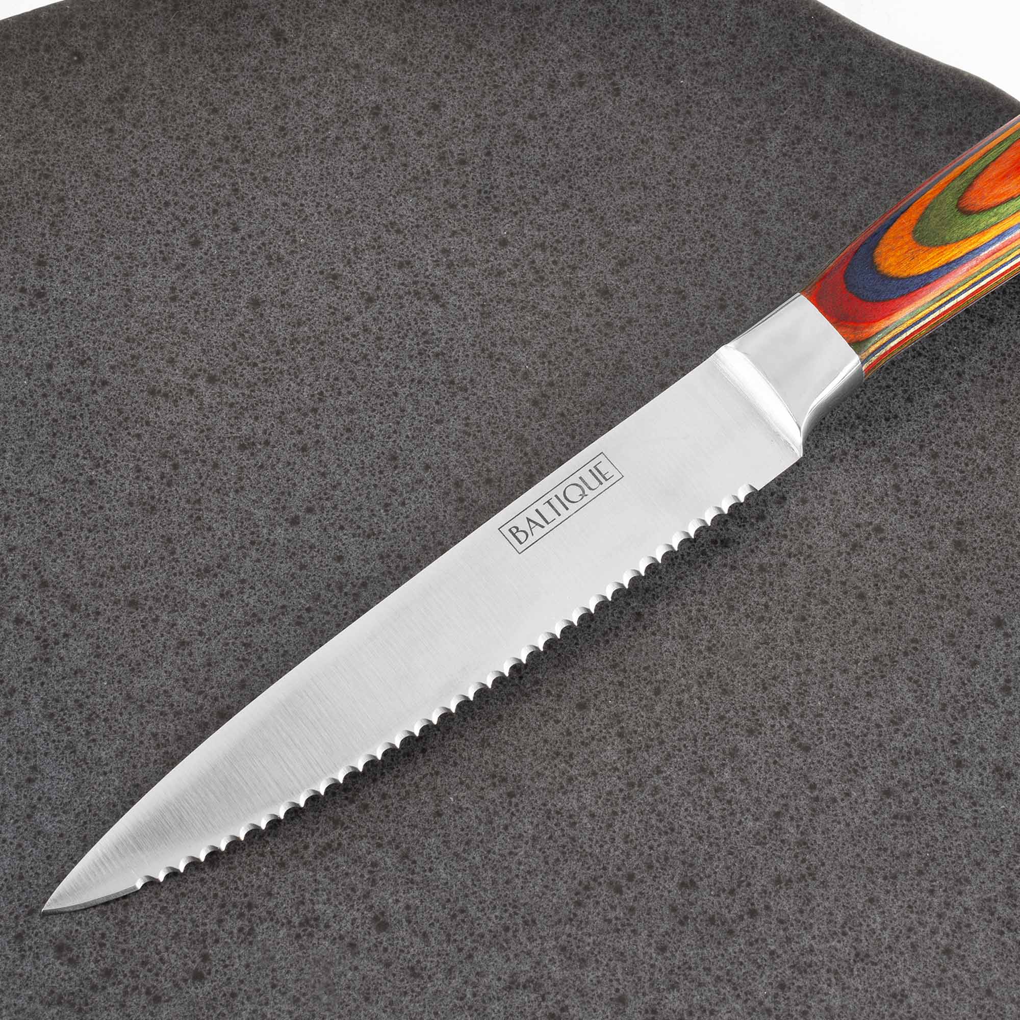 Back. Baltique - Marrakesh Collection Kitchen Steak Knives Set of 6, Stainless Steel Serrated Knife Set with Colorful Handles - Red, Blue, Green, Orange.