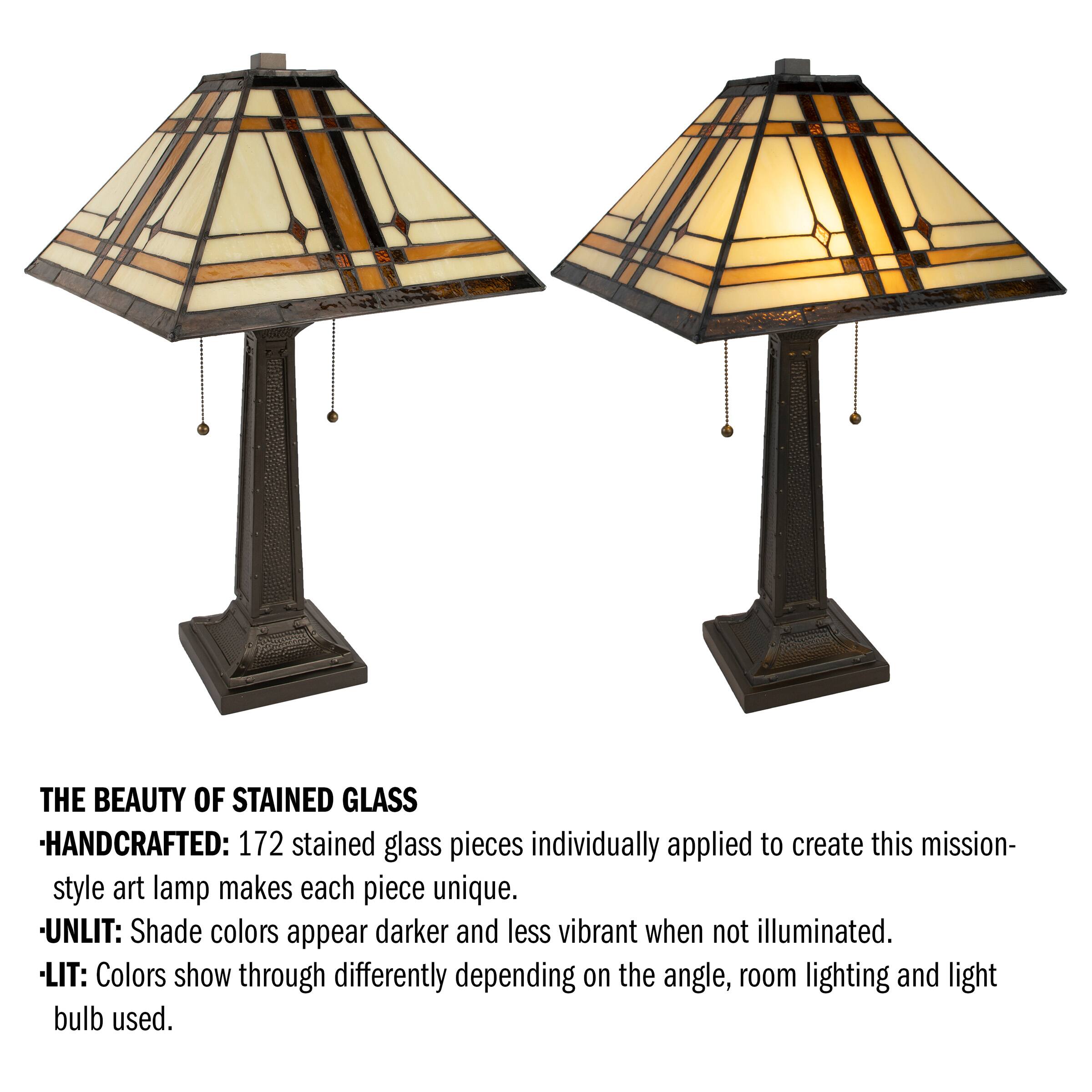 **THE BEAUTY OF STAINED GLASS**

- **HANDCRAFTED:** 172 stained glass pieces individually applied to create this mission-style art lamp makes each piece unique.
- **UNLIT:** Shade colors appear darker and less vibrant when not illuminated.
- **LIT:** Colors show through differently depending on the angle, room lighting, and light bulb used.