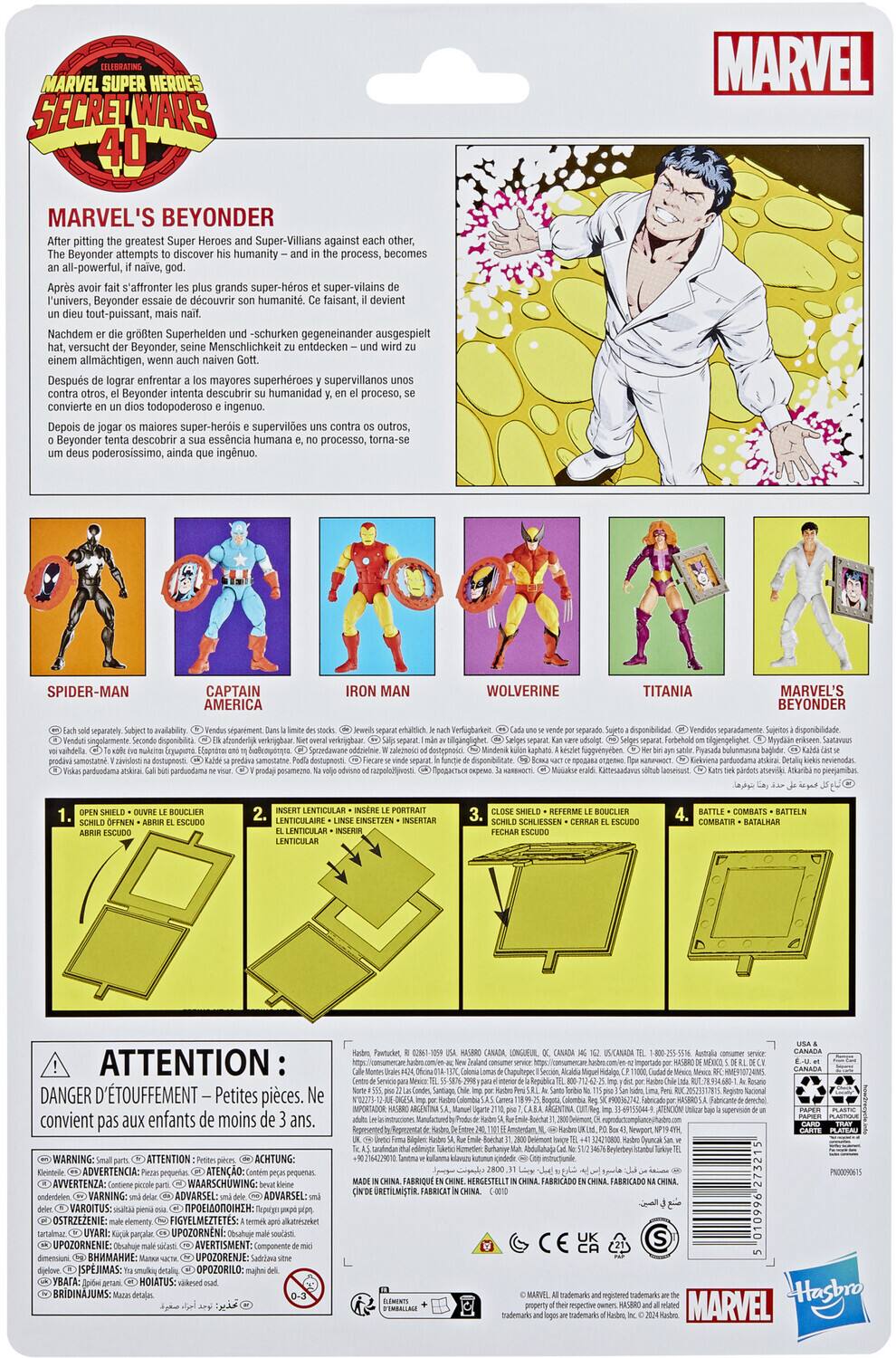CELEBRATING MARVEL SUPER HEROES SECRET WARS 40 MARVEL MARVEL'S BEYONDER

After pitting the greatest Super Heroes and Super-Villains against each other, Beyonder attempts to discover his humanity—and in the process, becomes an all-powerful, naive god.

Après avoir fait s'affronter les plus grands super-héros et super-vilains de l'univers, Beyonder essaie de découvrir sa humanité. Il ne peut tout d'abord s'empêcher de faire naître un nouveau, tout-puissant, naïf.

Nachdem größten Superhelden - Schurken gegeneinander ausgespielt versucht Beyonder, seine Menschlichkeit entdecken – wird indes selbst ein allmächtiger, naiver Gott.

Después de lograr enfrentar a los mayores superhéroes y supervillanos contra otros, Beyonder intenta descubrir su humanidad y, en el proceso, se convierte en un dios todopoderoso e ingenuo.

Depois de jogar maiores super-heróis e supervilões contra outros, Beyonder descobre a essência humana e, no processo, torna-se um deus poderosíssimo, ainda ingênuo.

SPIDER-MAN CAPTAIN AMERICA IRON MAN WOLVERINE TITANIA MARVEL'S BEYONDER

separadamente singularmente samestatne parduodama disponibilt rupume dostupnosa sganment Verfigba