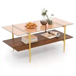 Gymax - 2-Tier Glass Coffee Table w/ Tampered Glass Tabletop & Open Storage Shelf - Brown, Gold