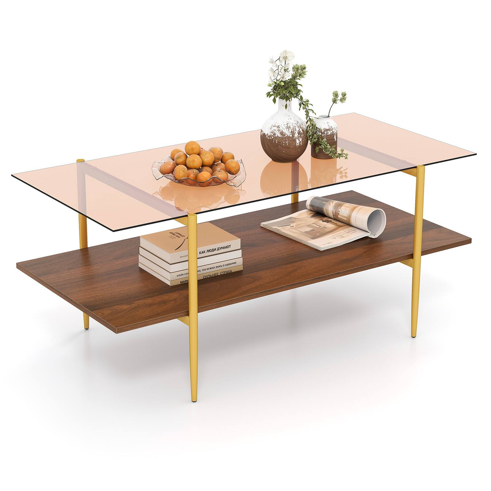 Front. Gymax - Gymax 2-Tier Glass Coffee Table w/ Tampered Glass Tabletop & Open Storage Shelf - Brown, Gold.