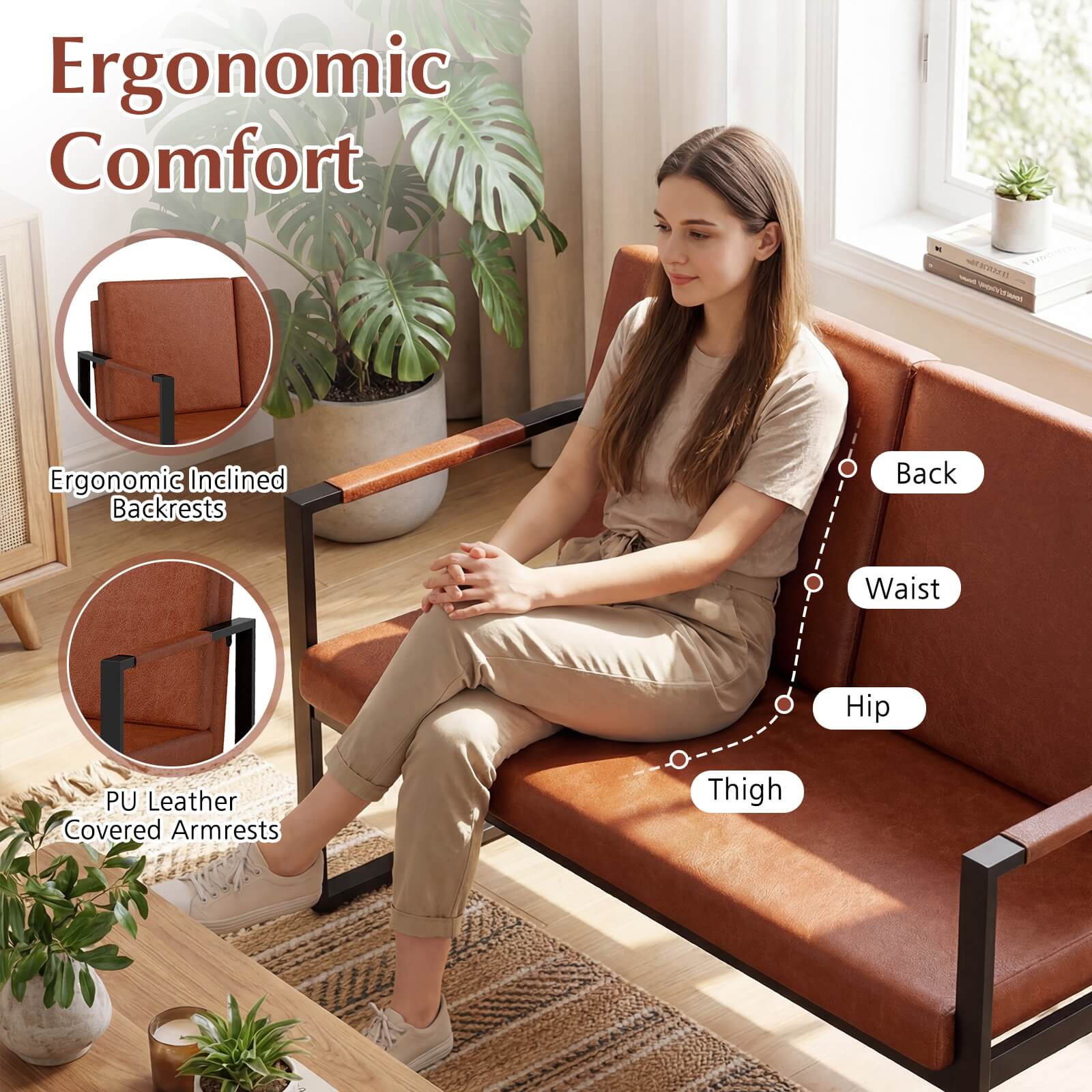 Ergonomic Comfort

- Ergonomic Inclined Backrests
- PU Leather Covered Armrests

Back
Waist
Hip
Thigh