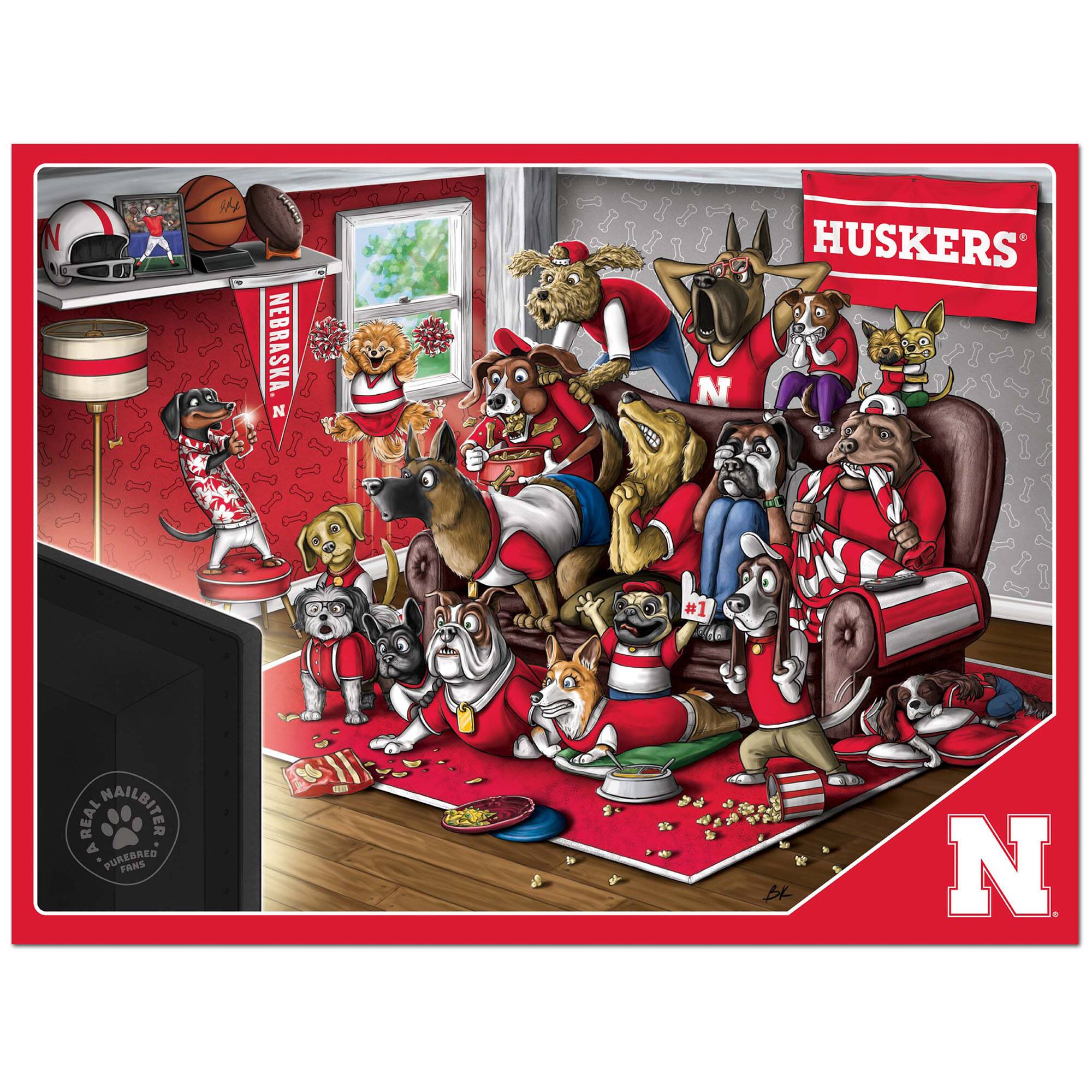 Sure, here is the corrected and grouped text from the image:

- NEBRASKA
- HUSKERS
- #1
- REAL NAILBITER
- A REAL NAILBITER
- PURGEE'S PURGEE'S FANS
- HUSKERS