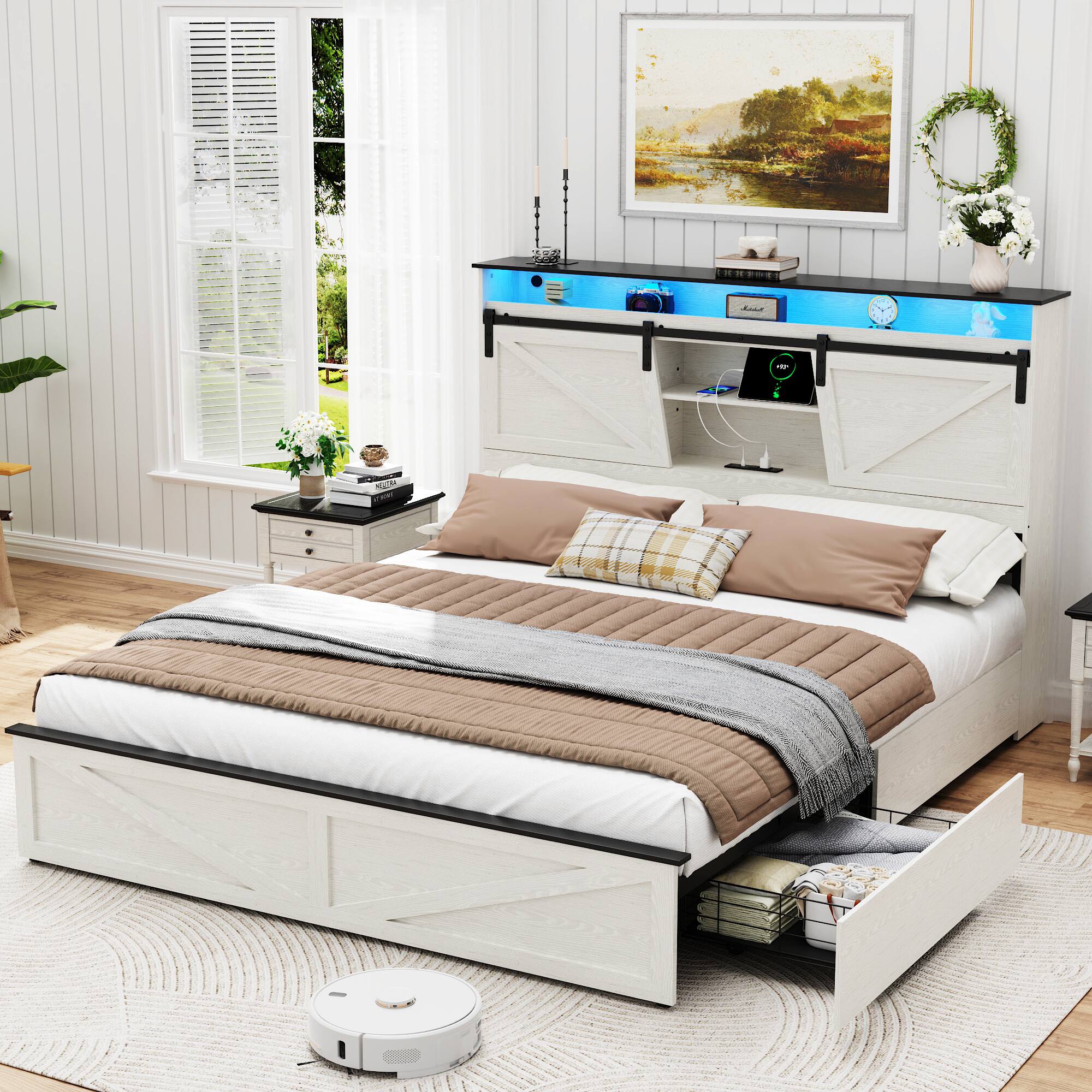 Angle. LUCKY ONE - Farmhouse Queen Size Bed Frame with Storage Headboard and Drawers,Charging Station & LED Lights - White.