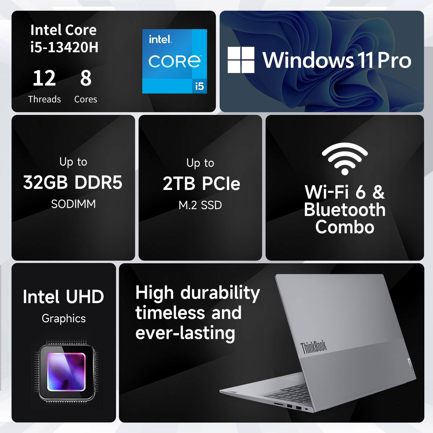 Intel Core i5-13420H  
12 Threads, 8 Cores  

Windows 11 Pro  

Up to 32GB DDR5 SODIMM  
Up to 2TB PCIe M.2 SSD  

Wi-Fi 6 & Bluetooth Combo  

Intel UHD Graphics  

High durability, timeless and ever-lasting  

ThinkBook