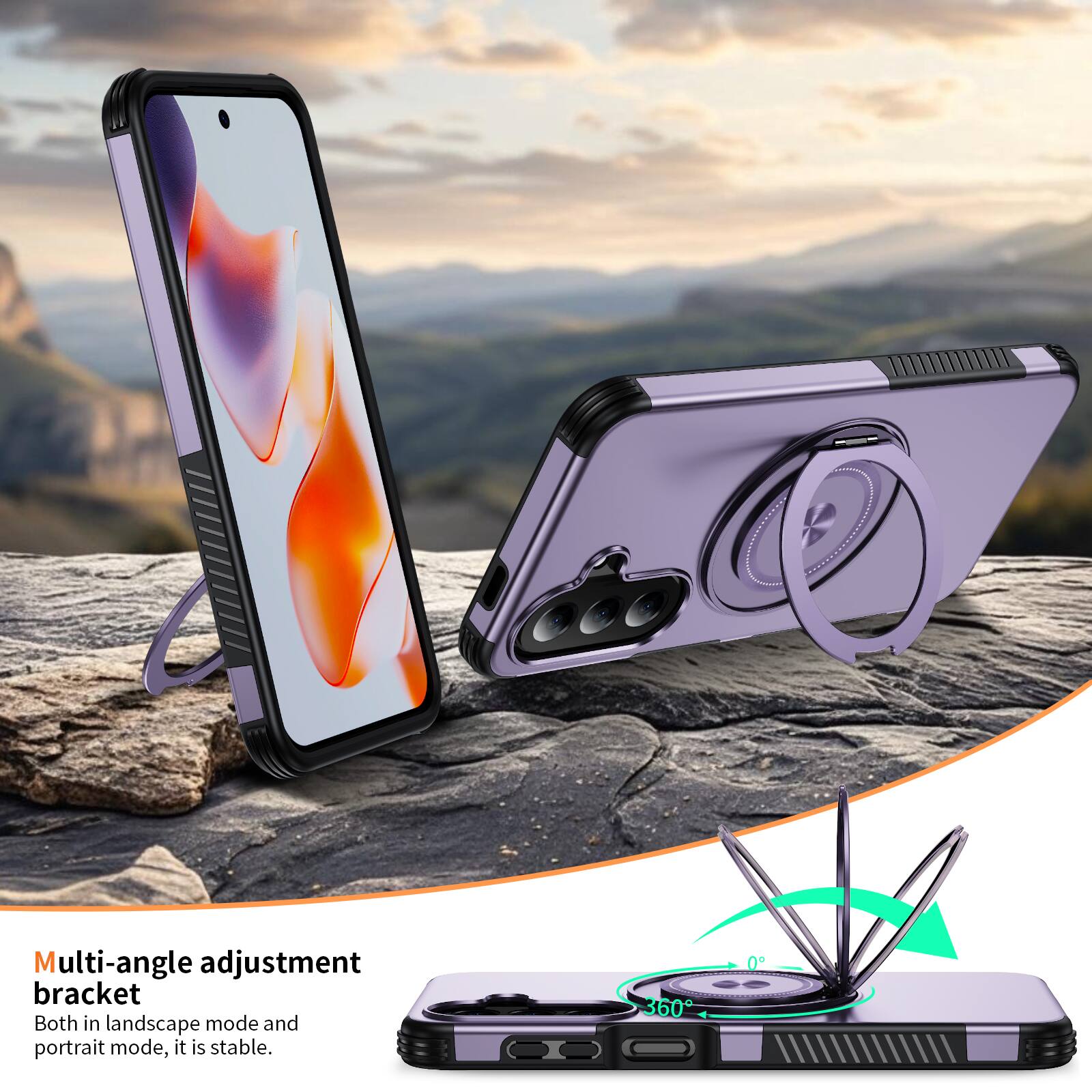 Multi-angle adjustment bracket  
Both in landscape mode and portrait mode, it is stable.  
360°