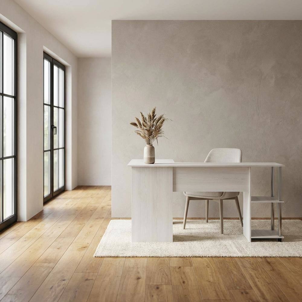 Left. BisonOffice - L-Shape Desk, Stainless Steel Tubes And White Oak Finish For Modern Workspaces - White Oak/Chrome.