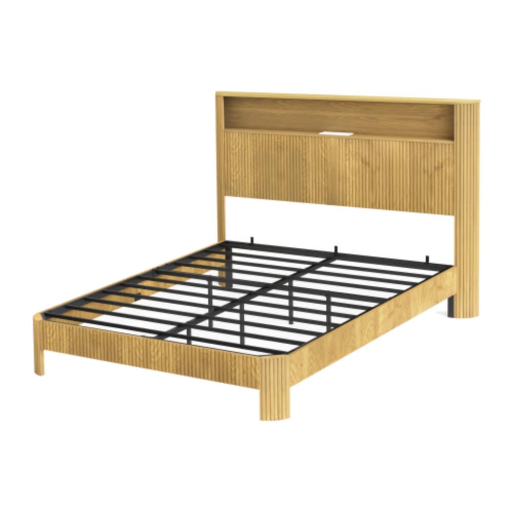 Alt View 4. LUCKY ONE - Queen Size Bed Frame with Storage Headboard, USB Charging Station, Wavy Curved Design, Metal Support - Natural.