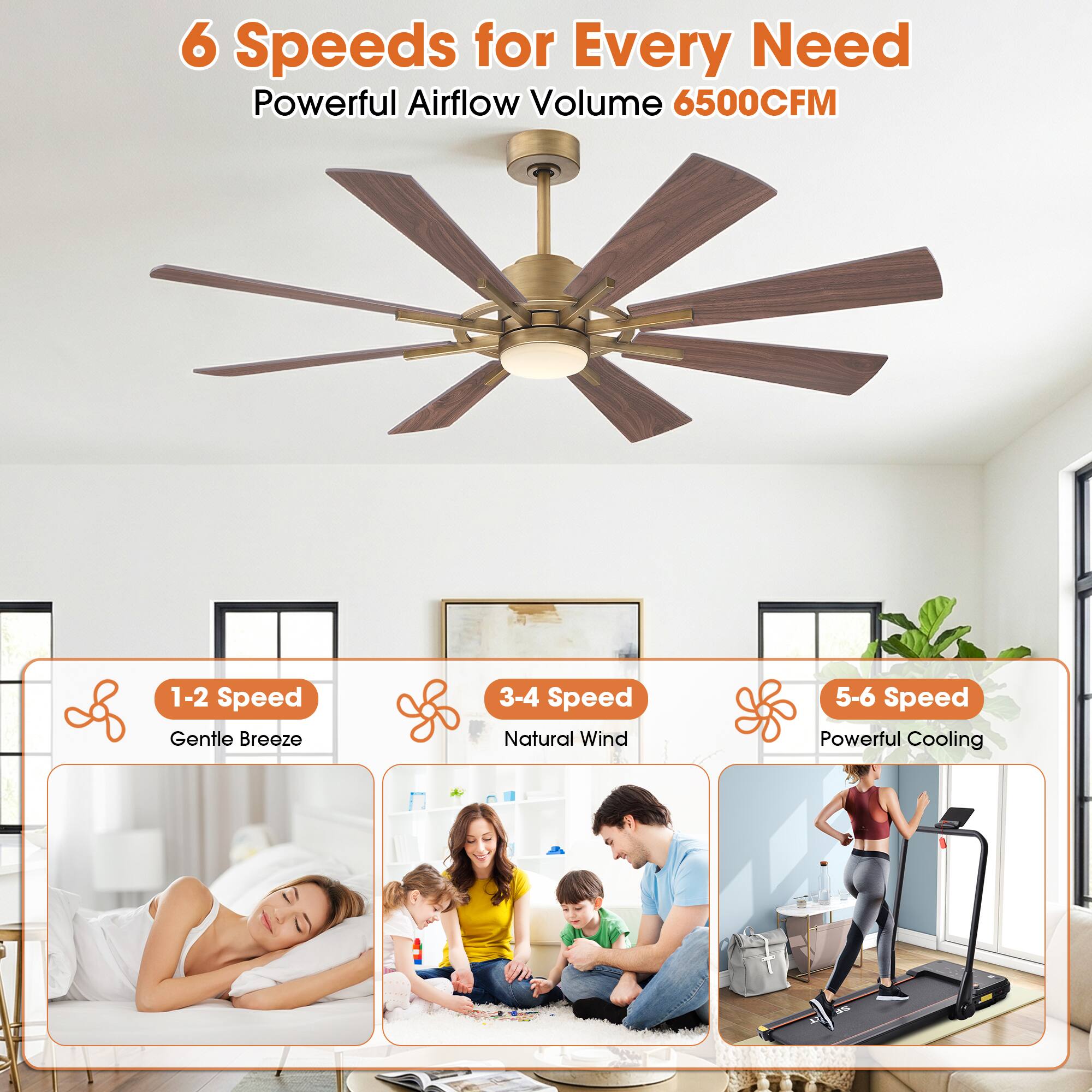 6 Speeds for Every Need  
Powerful Airflow Volume 6500CFM  

1-2 Speed: Gentle Breeze  
3-4 Speed: Natural Wind  
5-6 Speed: Powerful Cooling