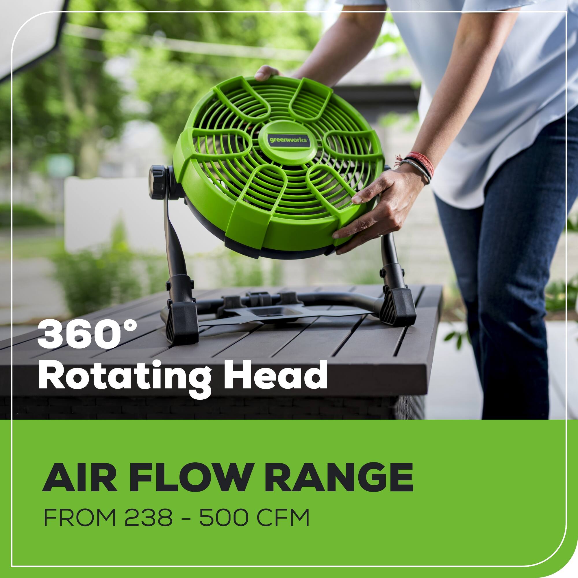 greenworks 360 Rotating Head AIR FLOW RANGE FROM 238 - 500 CFM