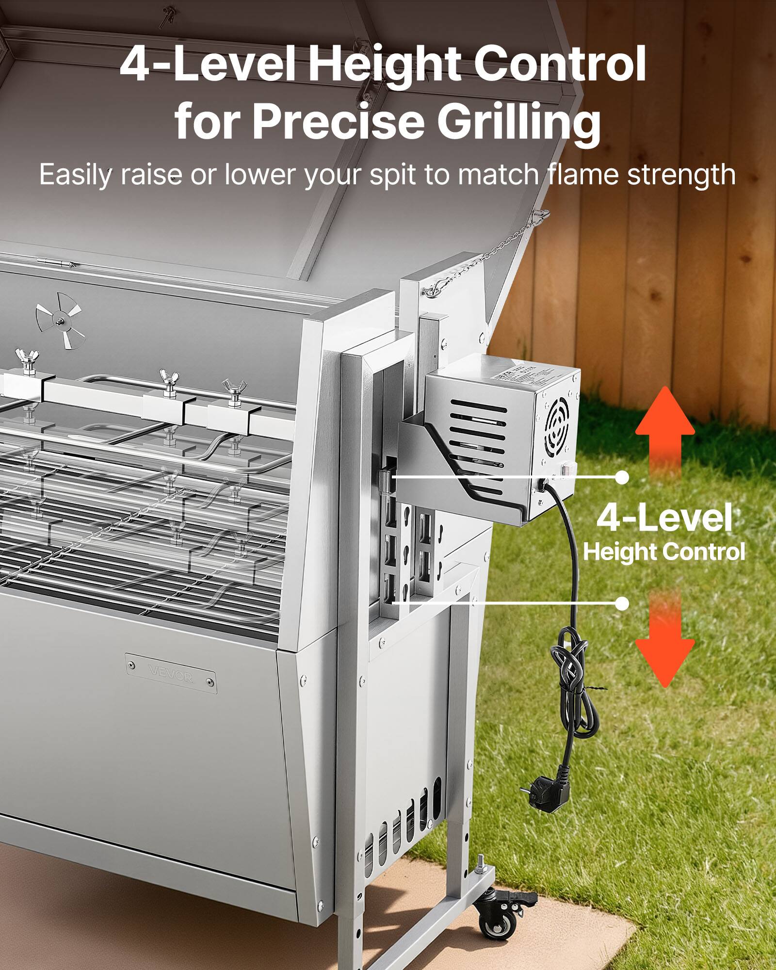 4-Level Height Control for Precise Grilling  
Easily raise or lower your spit to match flame strength  

4-Level Height Control