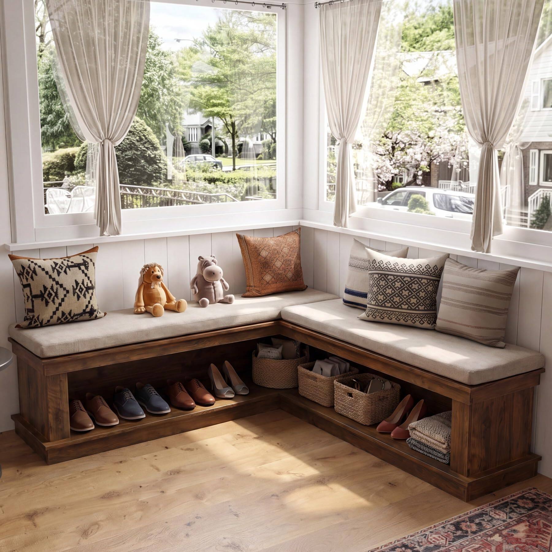 Alt View 4. Tribesigns - 55" L-Shaped Corner Storage Bench with Cushion - Rustic Brown & White.