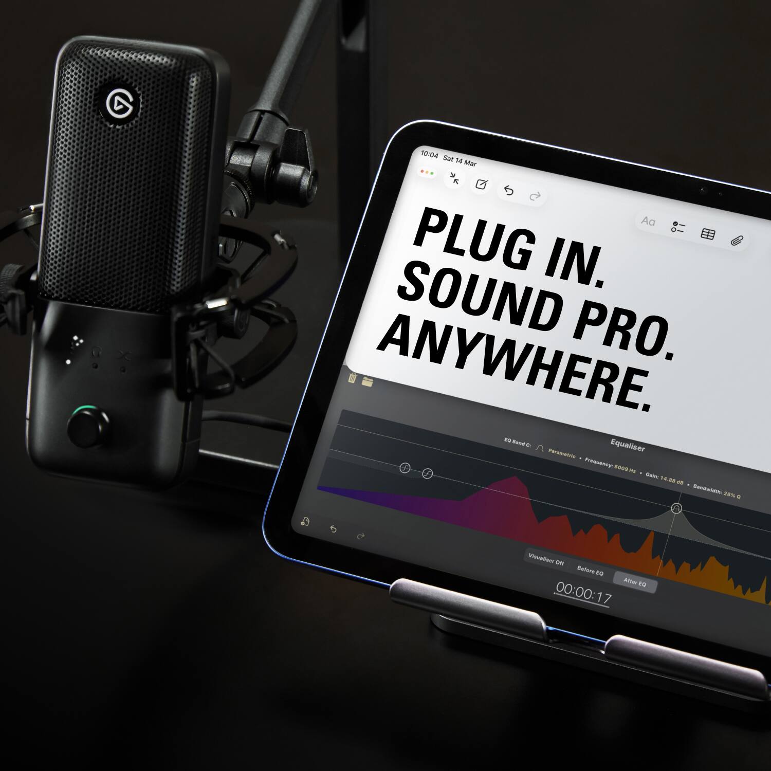 10:04 Sat 14 Mar  
Aa  
PLUG IN. SOUND PRO. ANYWHERE.  
Band C: Parametric Equaliser  
Frequency: 1009 Hz  
Gain: 14.88 dB  
Bandwidth: 28%  
Visualiser: NO  
Before EQ  
After EQ  
00:00:17