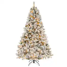Costway - 7 FT Pre-Lit Christmas Tree 3-Minute Quick Shape Flocked Decor with 450 LED Lights - Green/White