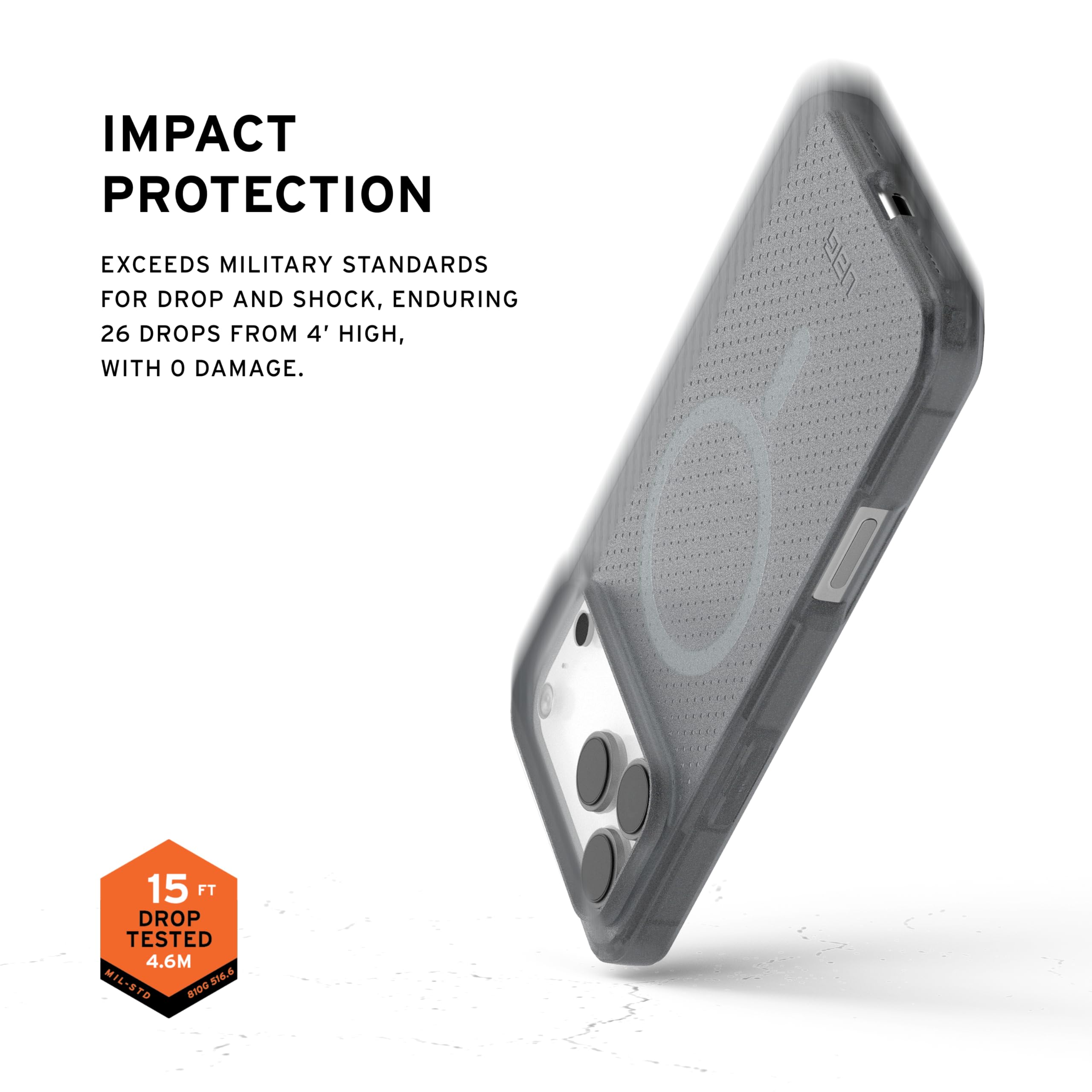 IMPACT PROTECTION

EXCEEDS MILITARY STANDARDS FOR DROP AND SHOCK, ENDURING 26 DROPS FROM 4' HIGH, WITH 0 DAMAGE.

15 FT DROP TESTED 4.6M - MIL-STD 810G
