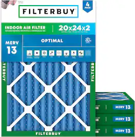 Filterbuy - 20x24x2 MERV 13 Smoke & Allergy Defense, Electrostatic Pleated HVAC AC Furnace Air Filters Replacement (4-Pack) - Blue
