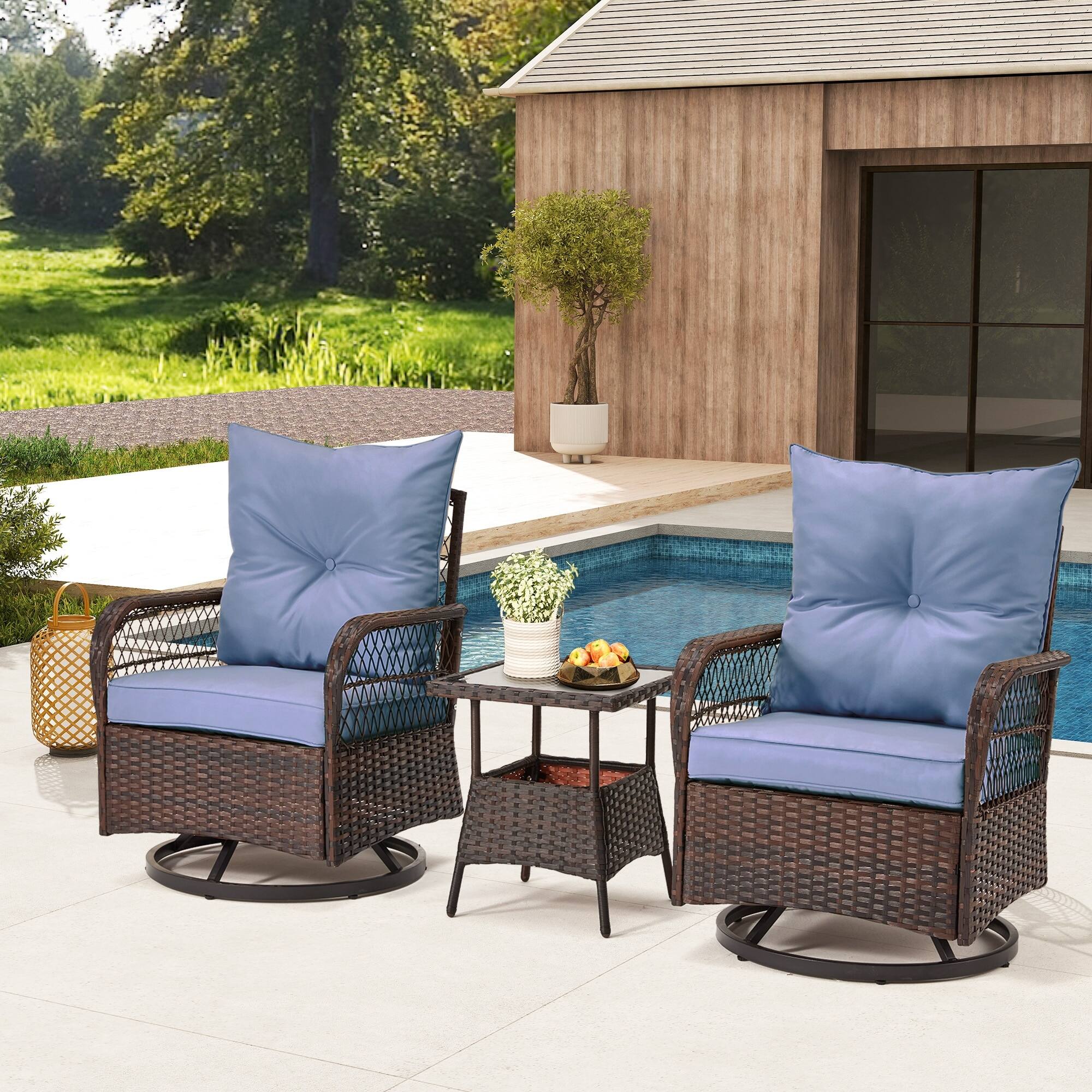 Alt View 5. U-HOMY - 3-Piece Outdoor Swivel Rocking Chair Patio Set with Cushions & Coffee Table, PE Rattan Furniture - Blue.