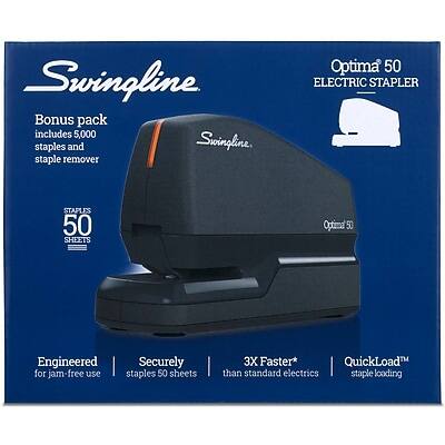 Swingline Bonus pack includes 5,000 staples and Swingline staple remover

Optima 50 ELECTRIC STAPLER

- Engineered for jam-free use
- Securely staples 50 sheets
- 3X Faster* than standard electrics
- QuickLoad™ staple loading

*Optimal 50