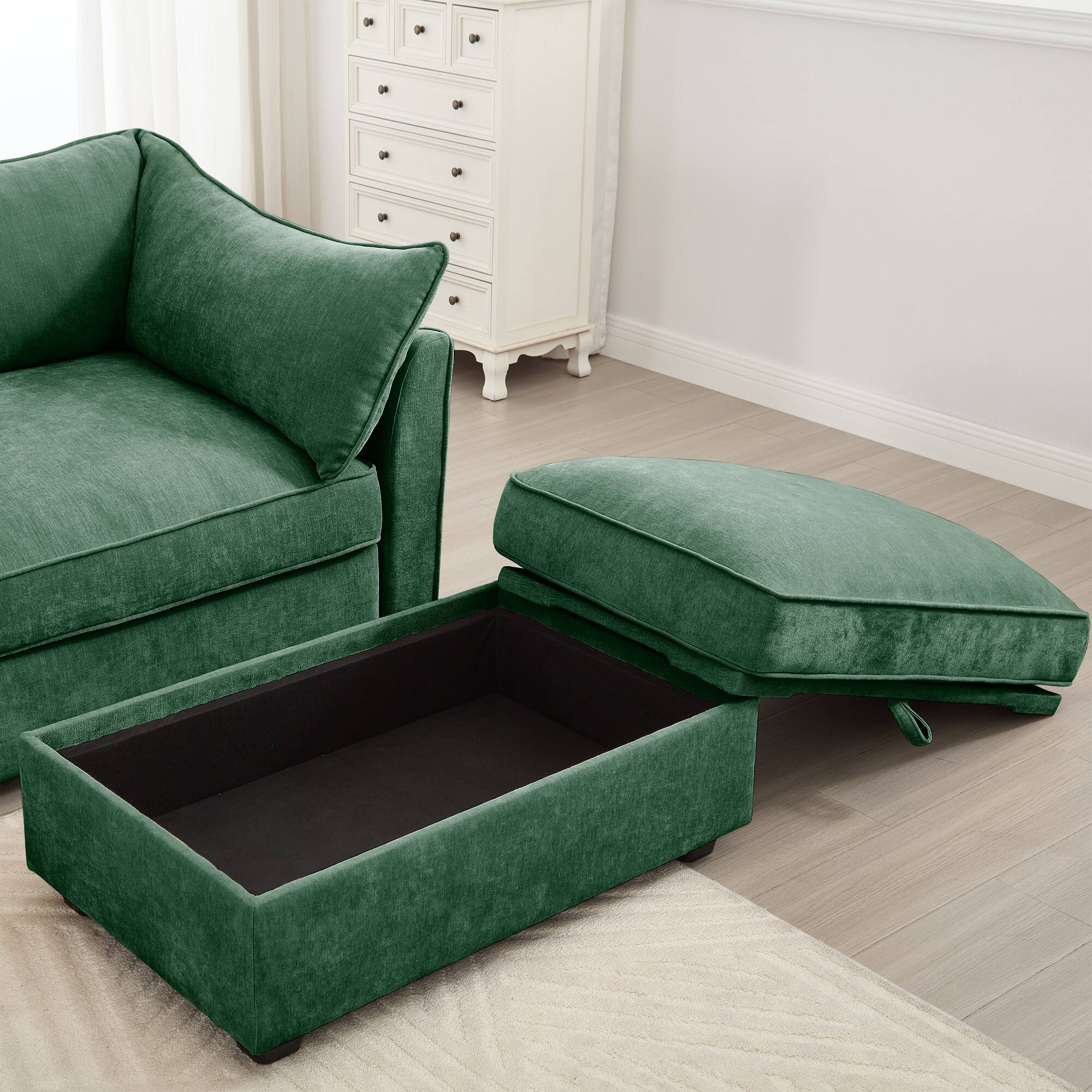 Alt View 1. Aukfa - 3-Seater Sofa with 3 Footstools - Pull-Out Drawers Under Each Seat, Crescent Armrests, Chenille Fabric - Green.
