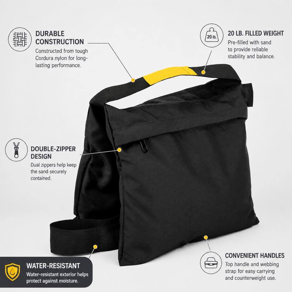 DURABLE CONSTRUCTION  
Constructed from tough Cordura nylon for long-lasting performance.

20 LB. FILLED WEIGHT  
Pre-filled with sand to provide reliable stability and balance.

DOUBLE-ZIPPER DESIGN  
Dual zippers help keep the sand securely contained.

WATER-RESISTANT  
Water-resistant exterior helps protect against moisture.

CONVENIENT HANDLES  
Top handle and webbing strap for easy carrying and counterweight use.