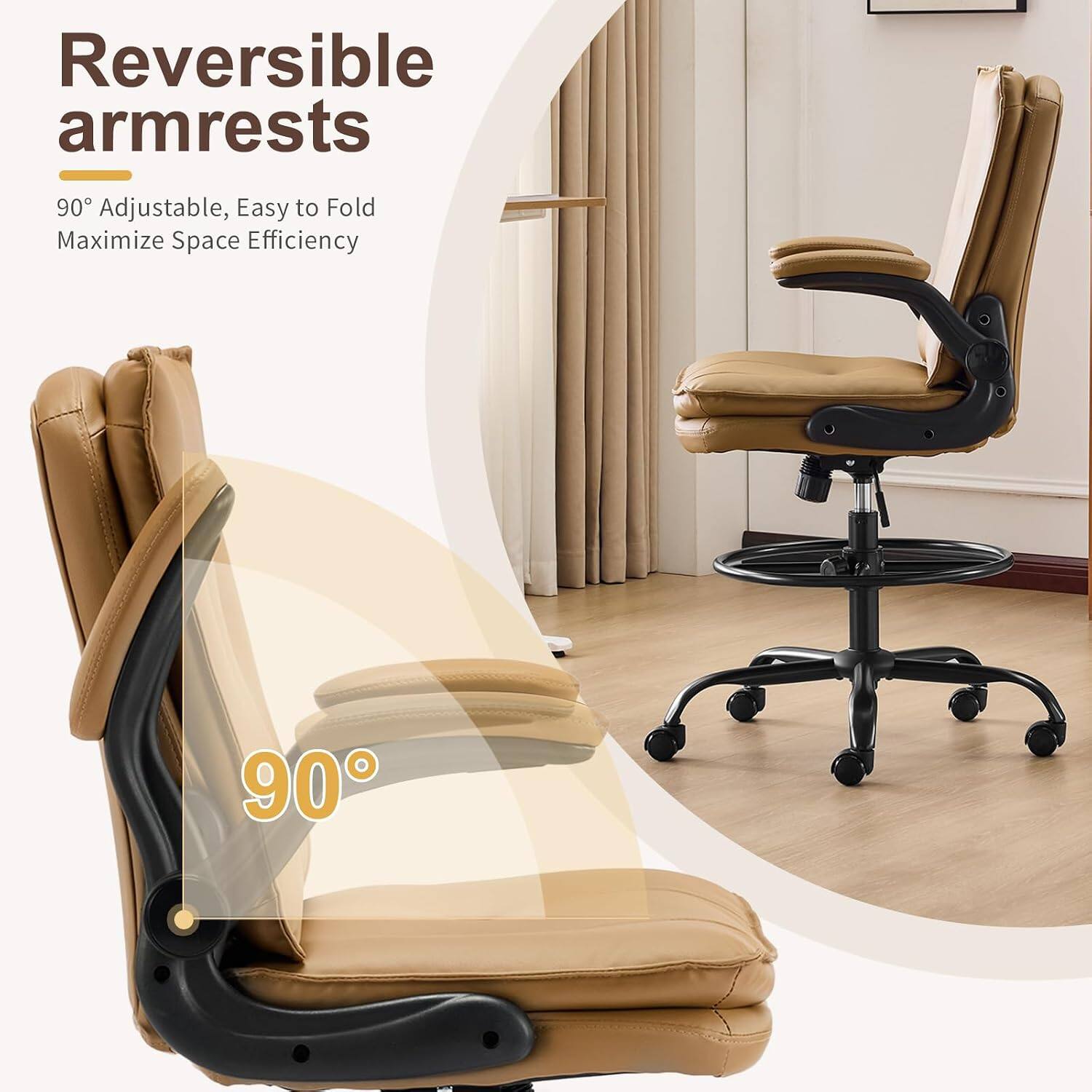 Reversible armrests  
90° Adjustable, Easy to Fold  
Maximize Space Efficiency