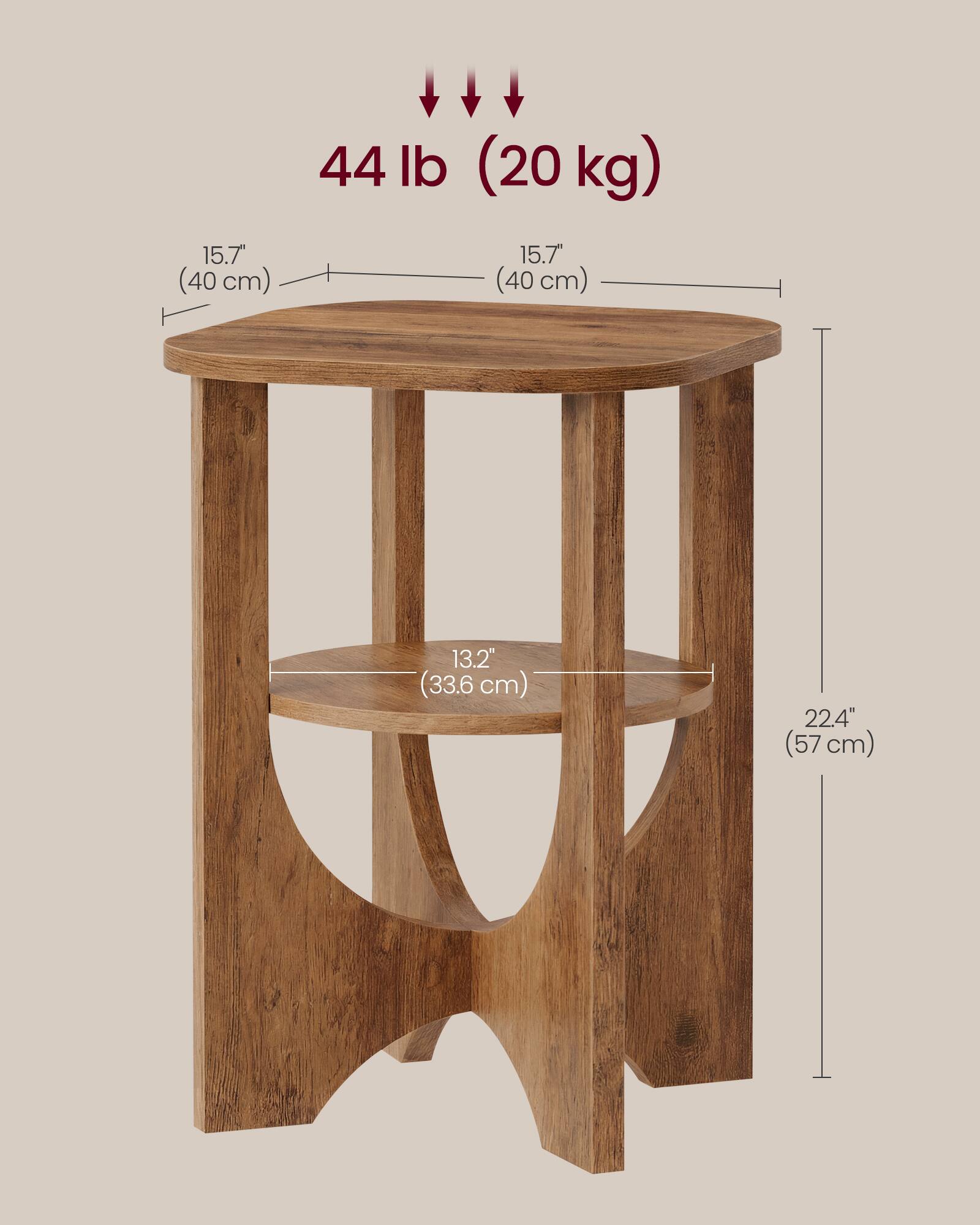 15.7" (40 cm)  
44 lb (20 kg)  
13.2" (33.6 cm)  
22.4" (57 cm)