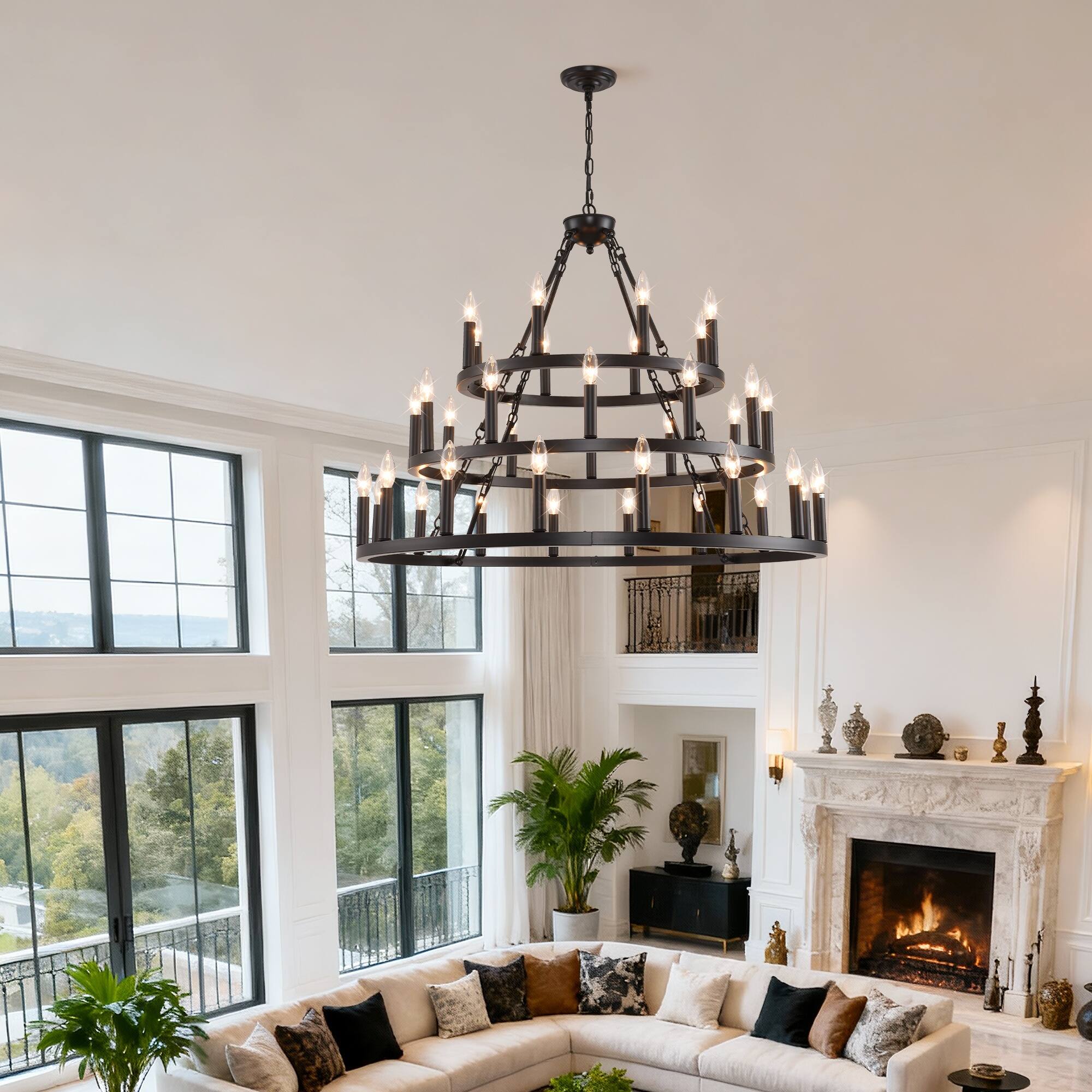 Alt View 2. Boyel Living - 39.37 Inch 3 Tiers Wagon Wheel Chandelier Farmhouse 36 Light 8 12 16 Black Metal Chandeliers.
