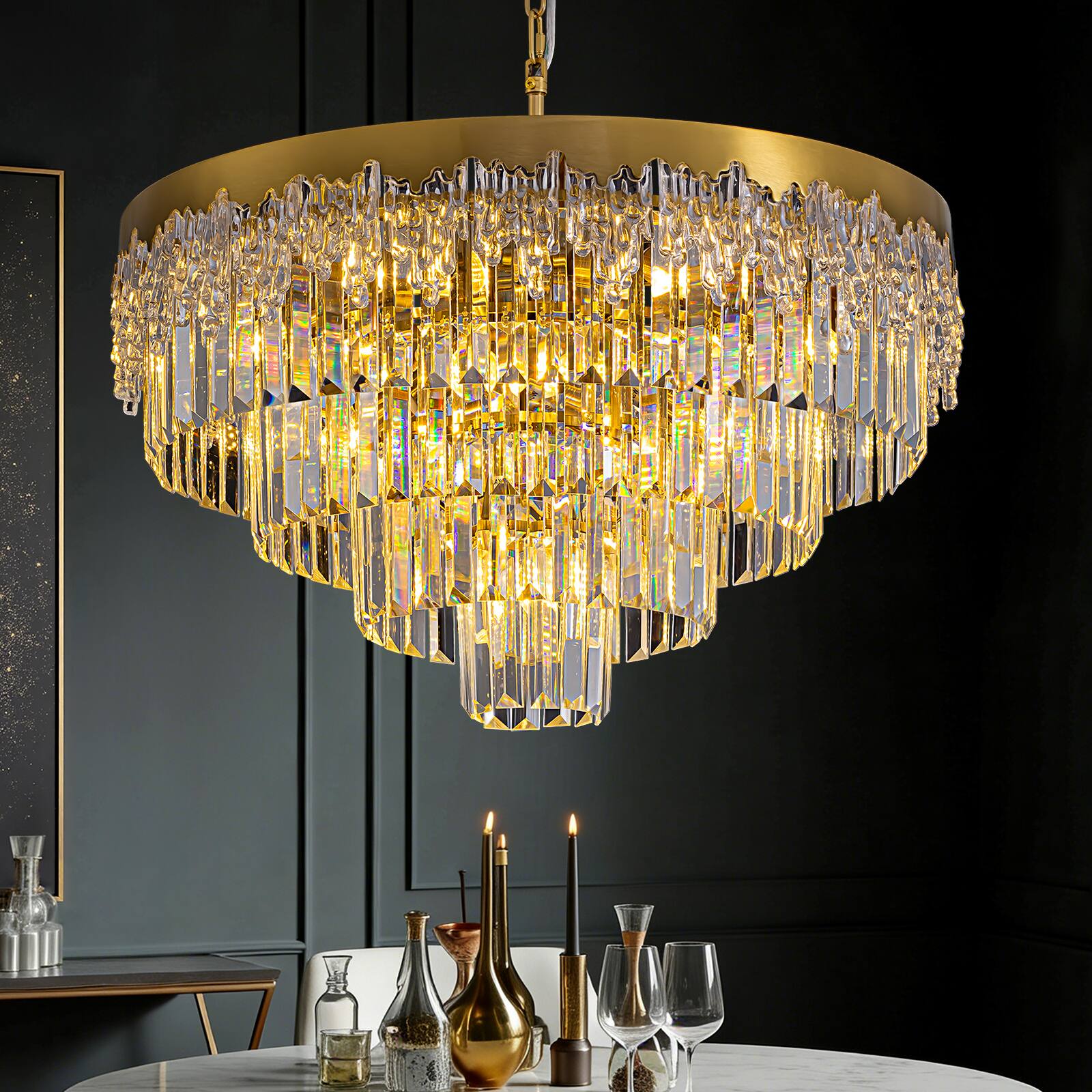 Angle. Siljoy - 24 Inch Modern Tiered Crystal Chandelier, Glacier Textured Round Gold Pendant Light for Dining Room Living Room Foyer - GOLD.