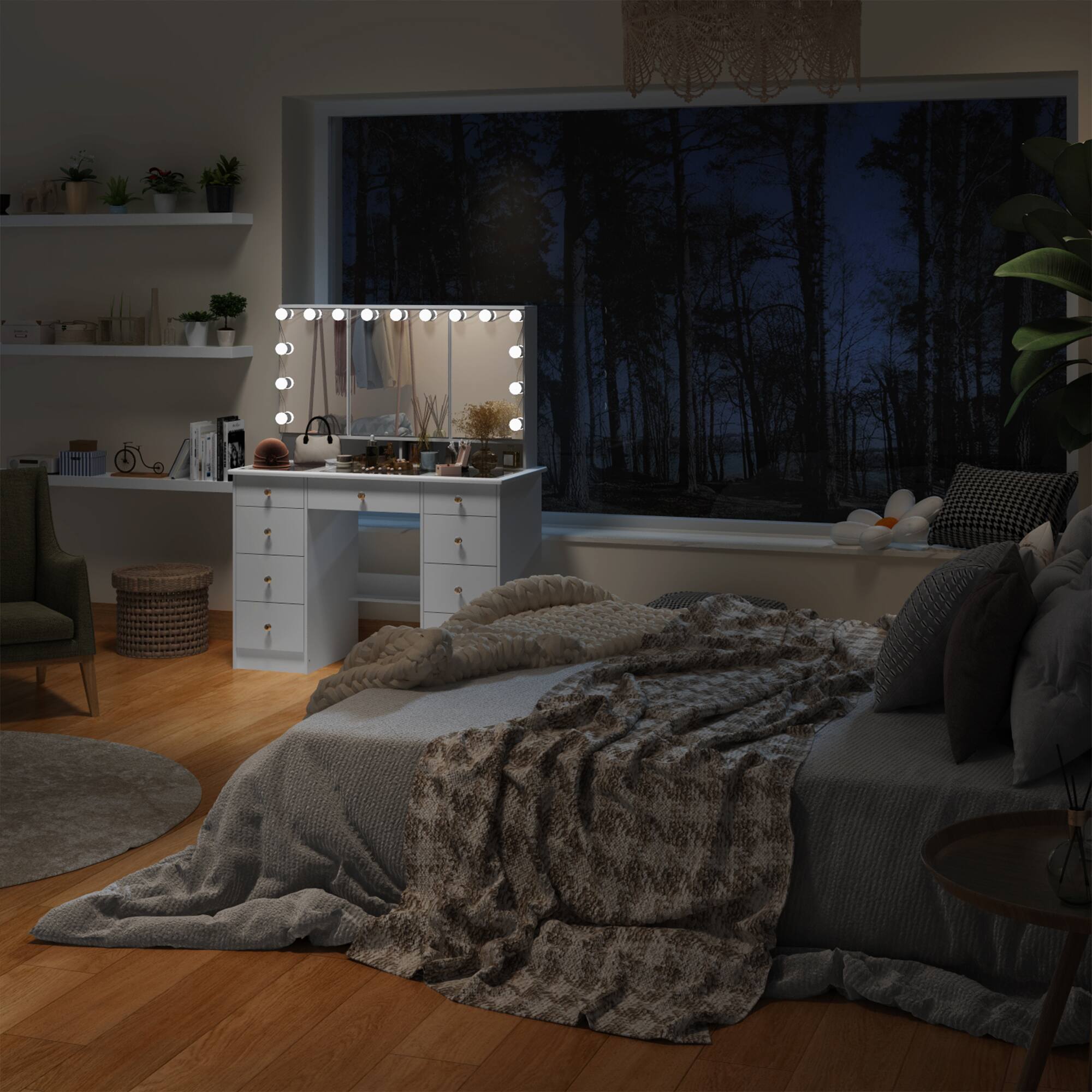 Alt View 10. Famapy - Hollywood Tri-Mirror Vanity with Glass Top & Sphere Lights Remote 3-Color Dimmable Lighting Display Cabinet - White.