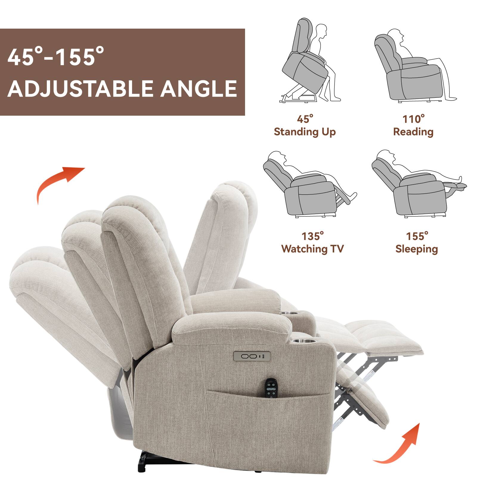 45°-155°  
ADJUSTABLE ANGLE  

45° Standing Up  
110° Reading  
135° Watching TV  
155° Sleeping