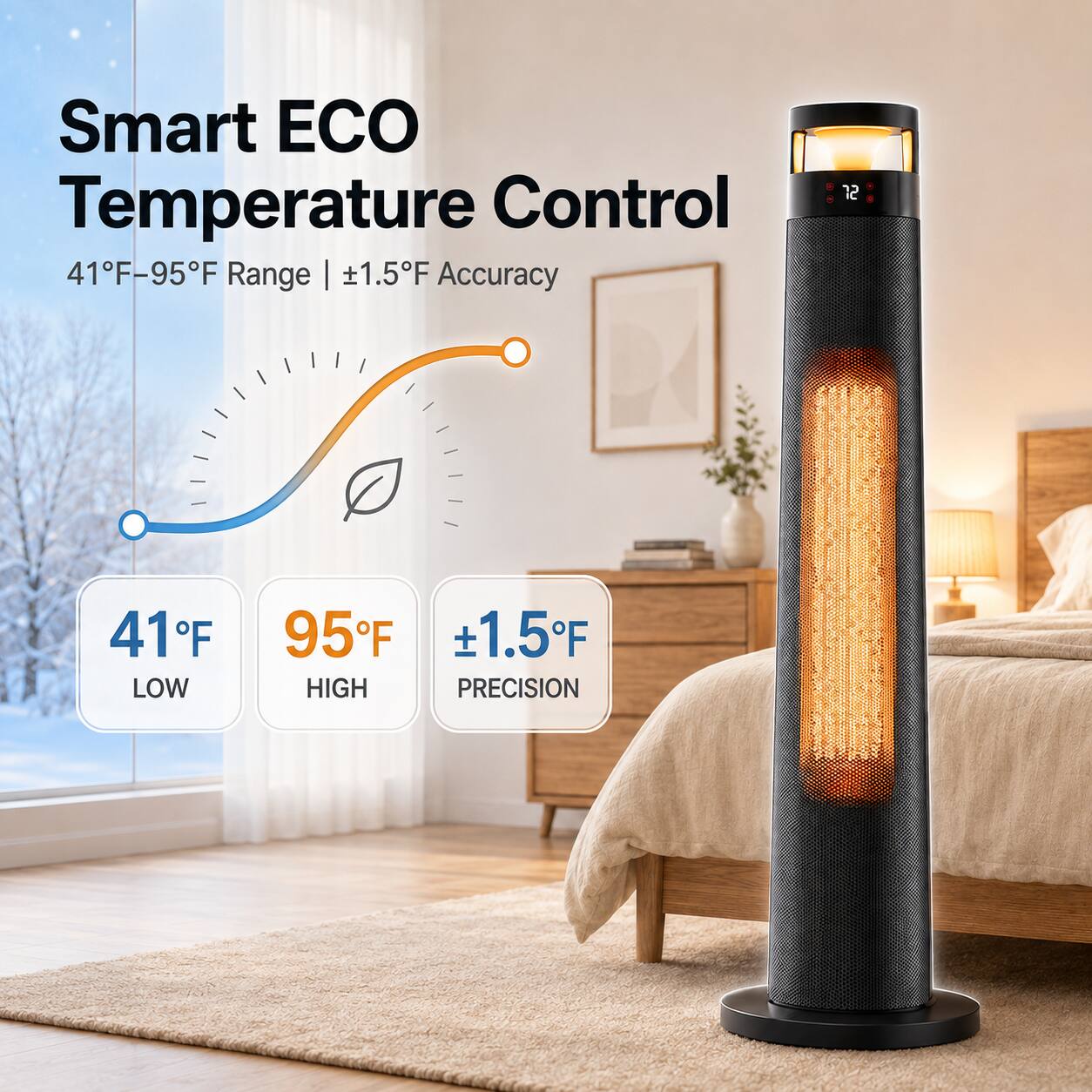 Smart ECO Temperature Control  
41°F-95°F Range | ±1.5°F Accuracy  

41°F LOW  
95°F HIGH  
±1.5°F PRECISION