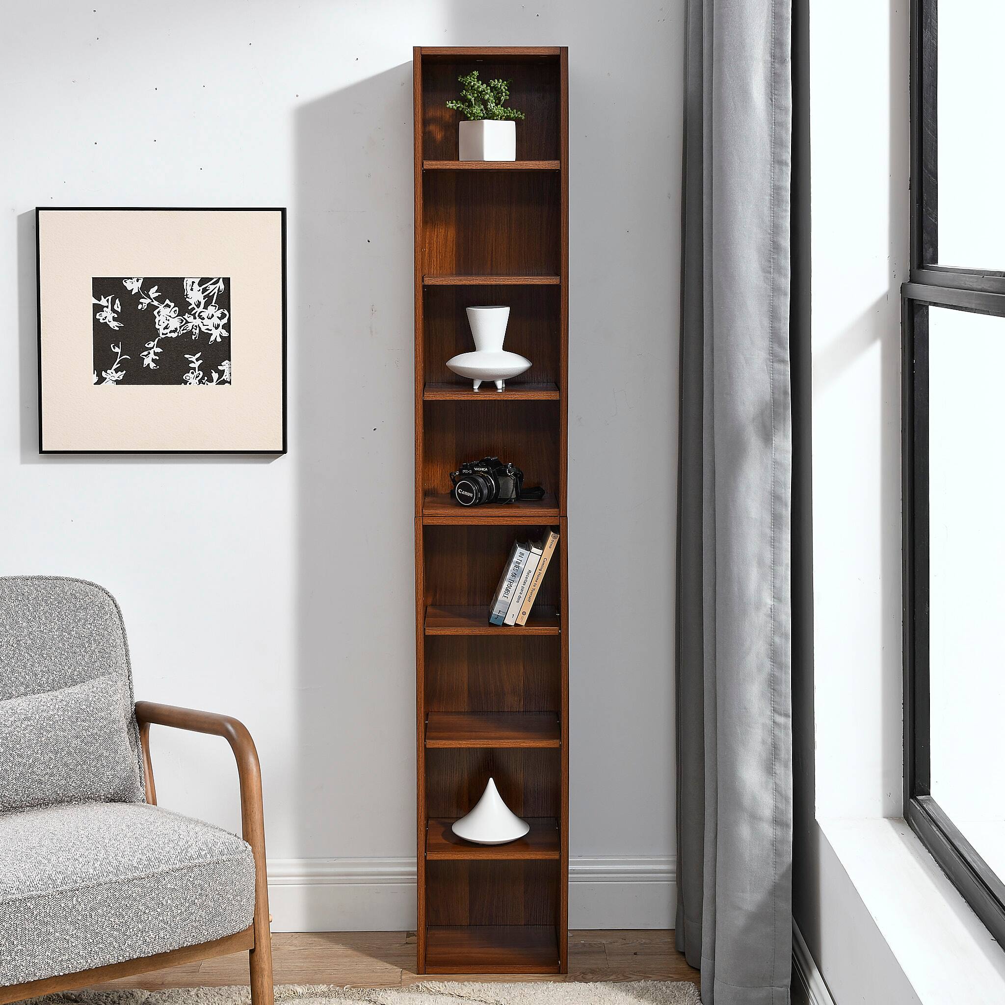 Alt View 5. Tiramisubest - 8-Tier Tall Narrow Bookcase Display Bookshelf with Adjustable Shelves, Multi-Functional Double-Decker Bookcase, Walnut - Walnut.