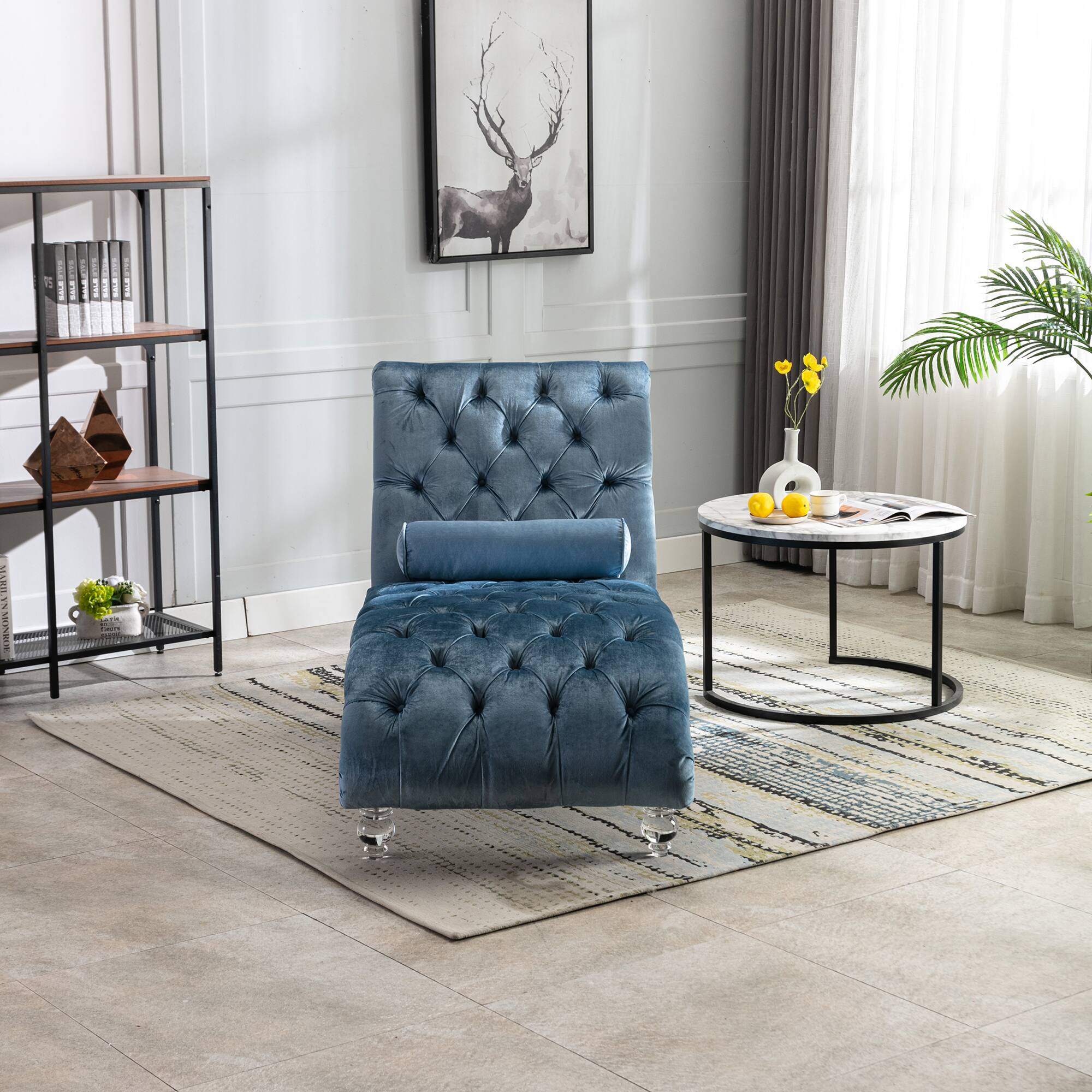 Back. Trinkets Crazed - Velvet Indoor Chaise Lounge Chair with Toss Pillow, Upholstered Modern Tufted Button Lounge Chair with Acrylic Legs - Light Blue.