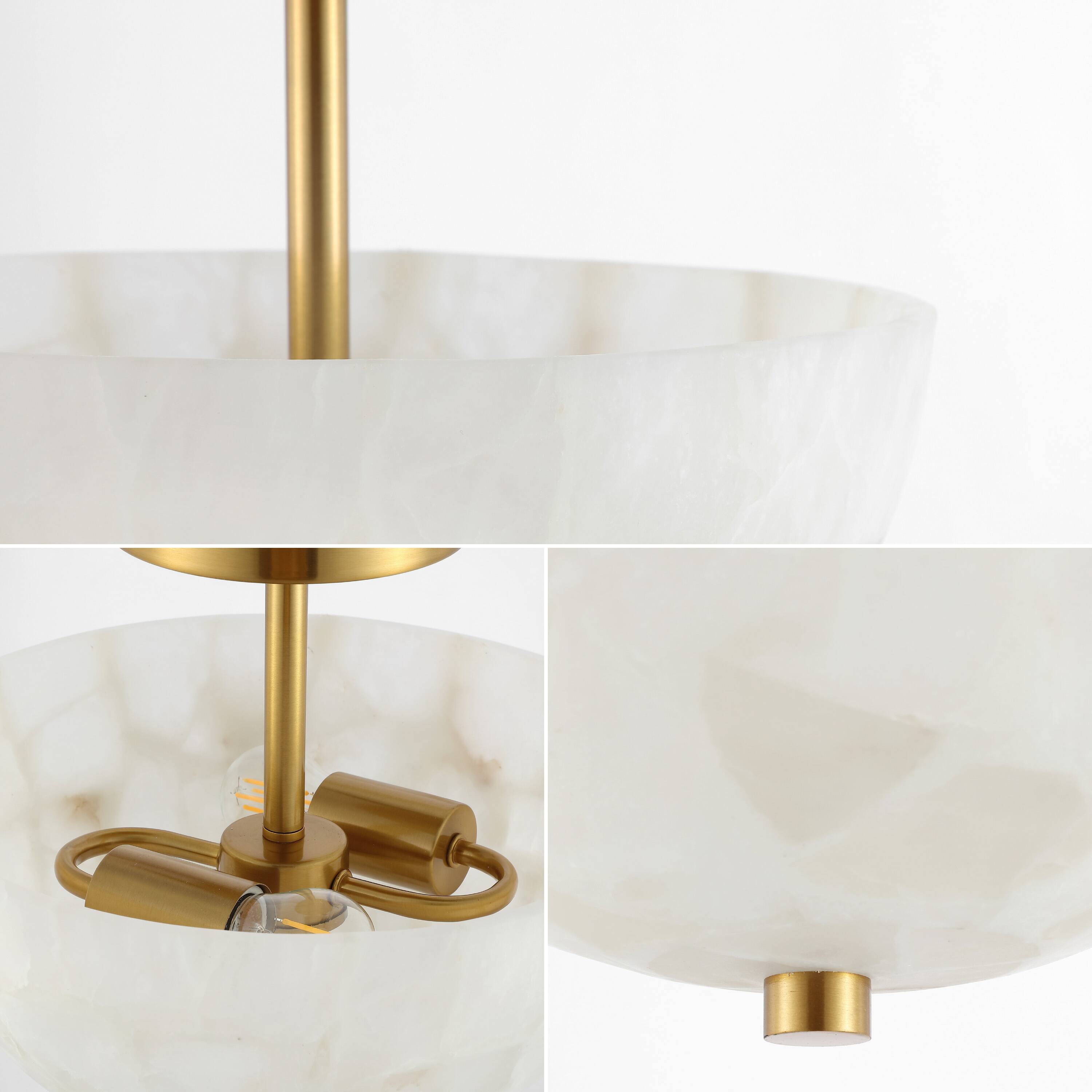 Alt View 4. Jonathan Y - Celine 11.88" 2-Light Modern Contemporary Alabaster/Iron Inverted Dome LED Semi Flush Mount, White Marbling/Brass Gold - White Marbling/Brass Gold.