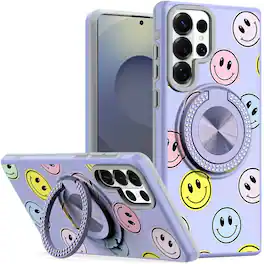 Kitcheniva - Stylish Bling Ring Stand Protective Case With Tempered Glass For Samsung S26 Ultra Smiles - Purple