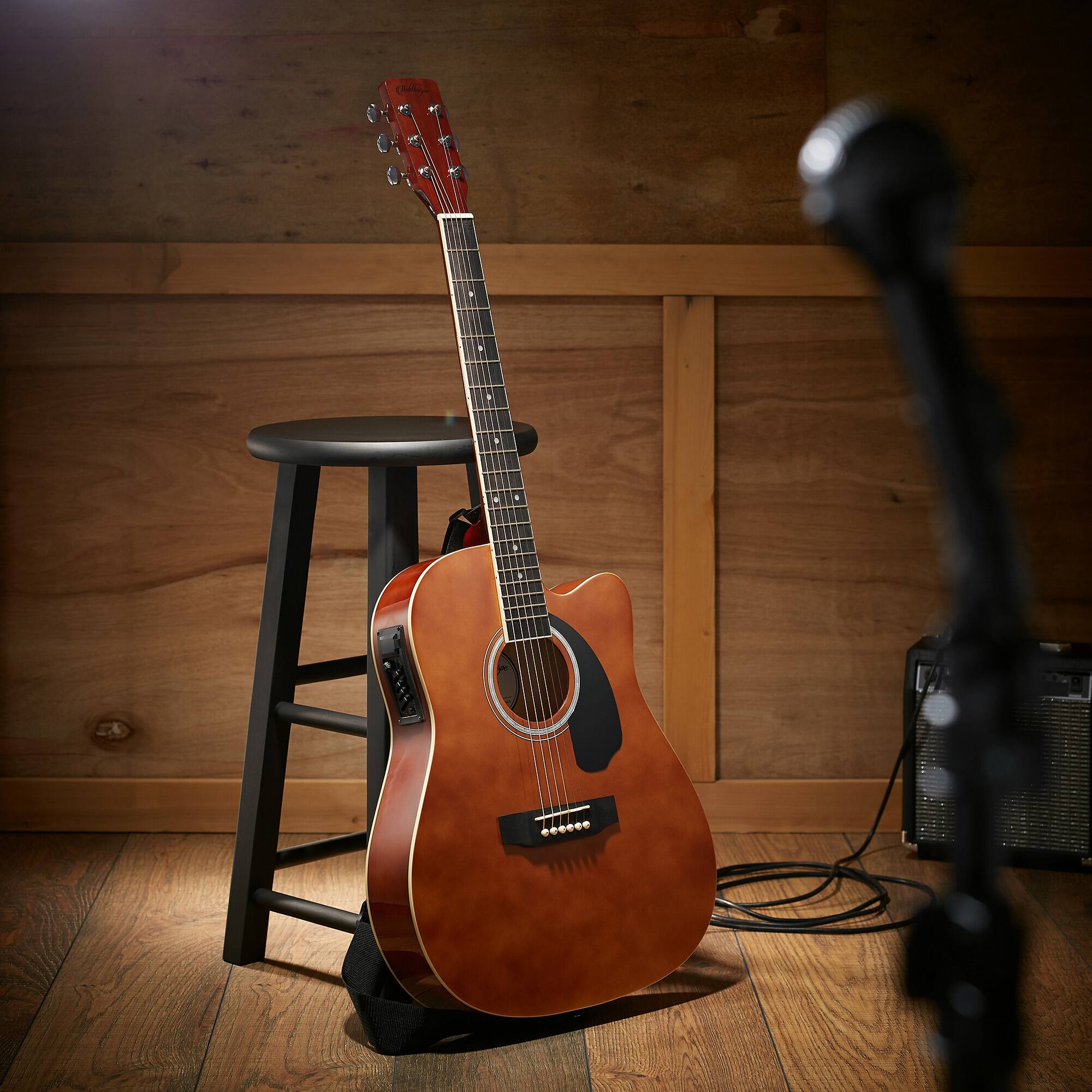 Alt View 1. Ashthorpe - Full-Size Cutaway Thinline Acoustic-Electric Guitar w/ Gig Bag and EQ - Brown.