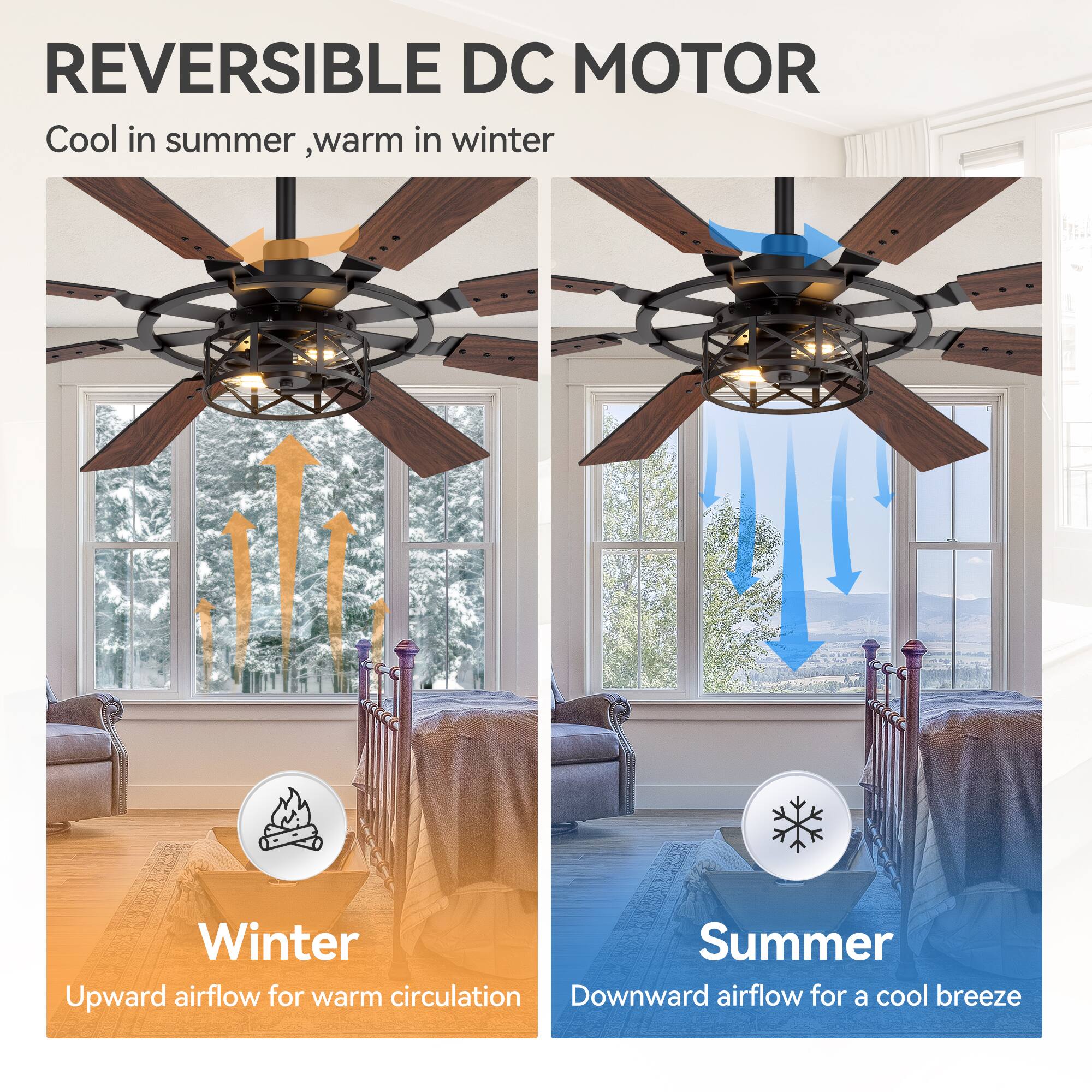 REVERSIBLE DC MOTOR  
Cool in summer, warm in winter  

Winter  
Upward airflow for warm circulation  

Summer  
Downward airflow for a cool breeze