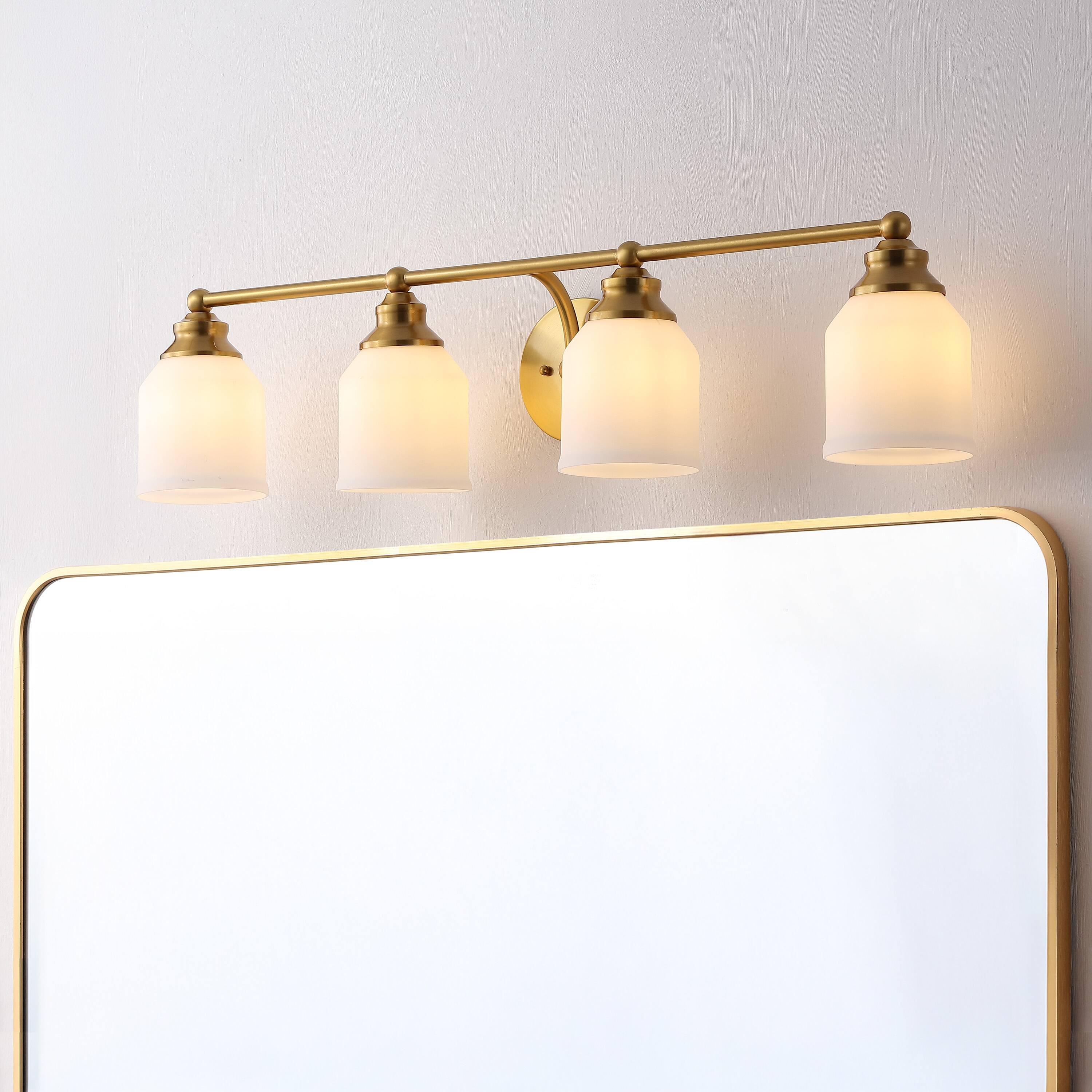 Alt View 1. Jonathan Y - Lydia 33.25" 4-Light Farmhouse Cottage Metal LED Vanity Light with Frosted Glass Shades, Brass Gold - Brass Gold.